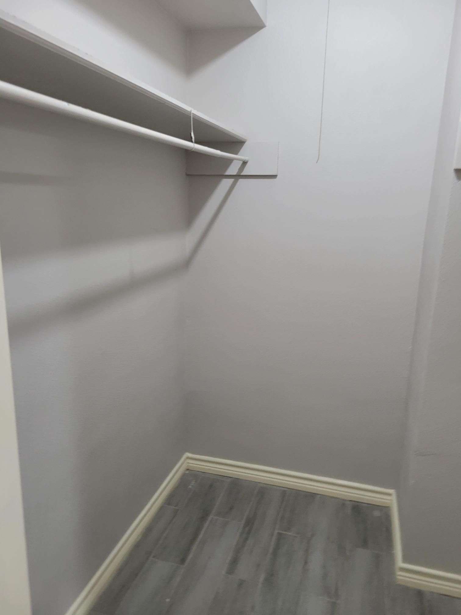 Empty closet with grey walls, white trim, shelving and a rod, and light grey wood-look flooring.