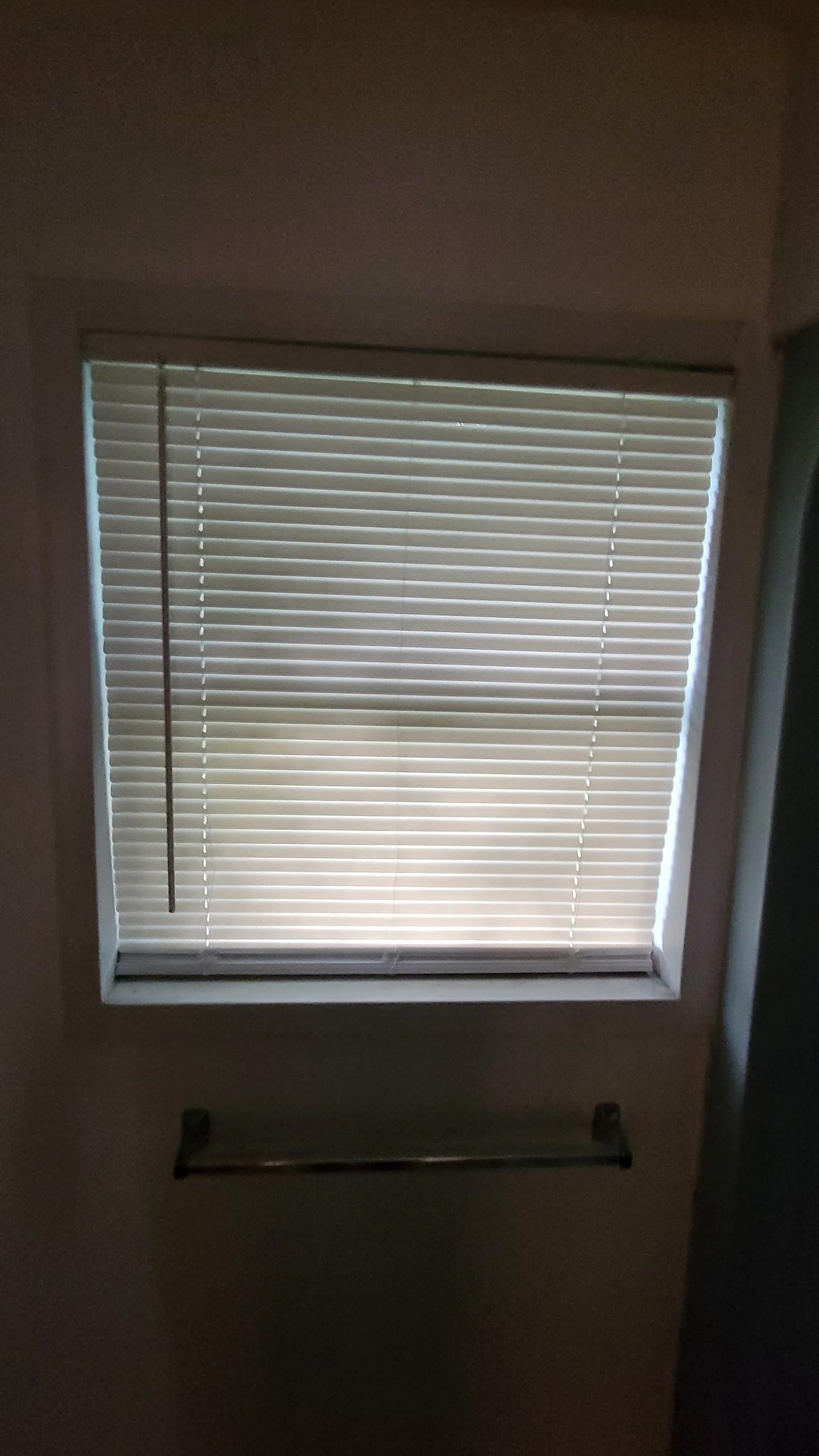 Window with closed blinds above a towel rack on a wall.