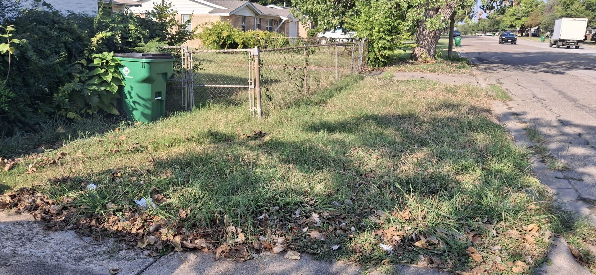 Grassy roadside with a green trash can, chain link fence, and street with vehicles.