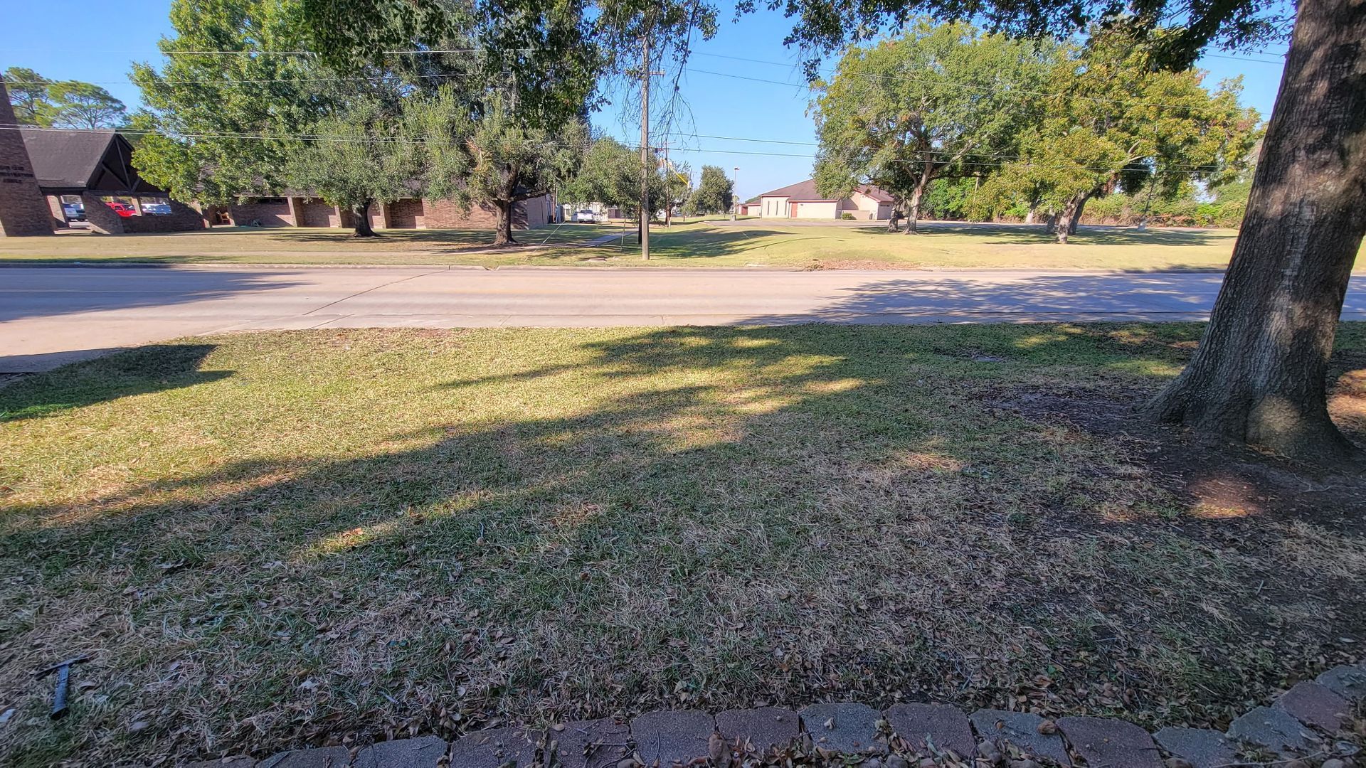 A residential street scene with trees and houses under a bright sky.