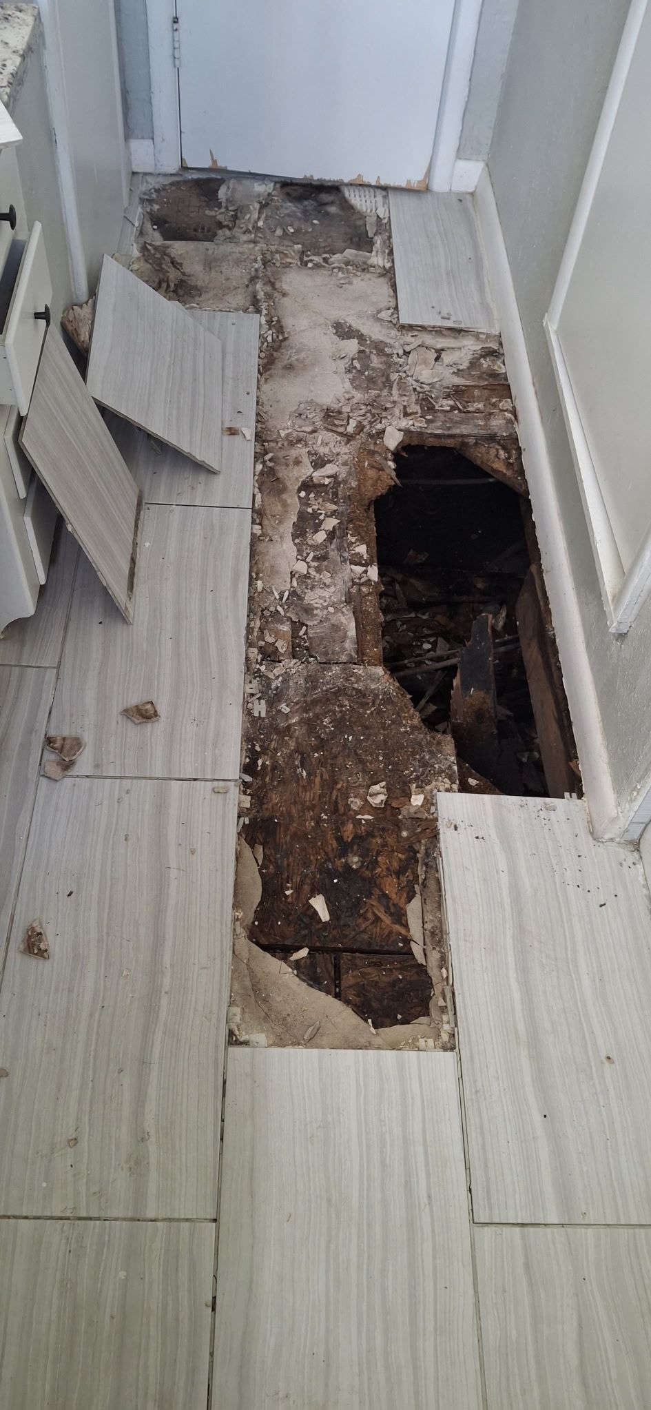 Damaged floor with hole exposing subfloor, tiles removed. Hallway with white walls and door.