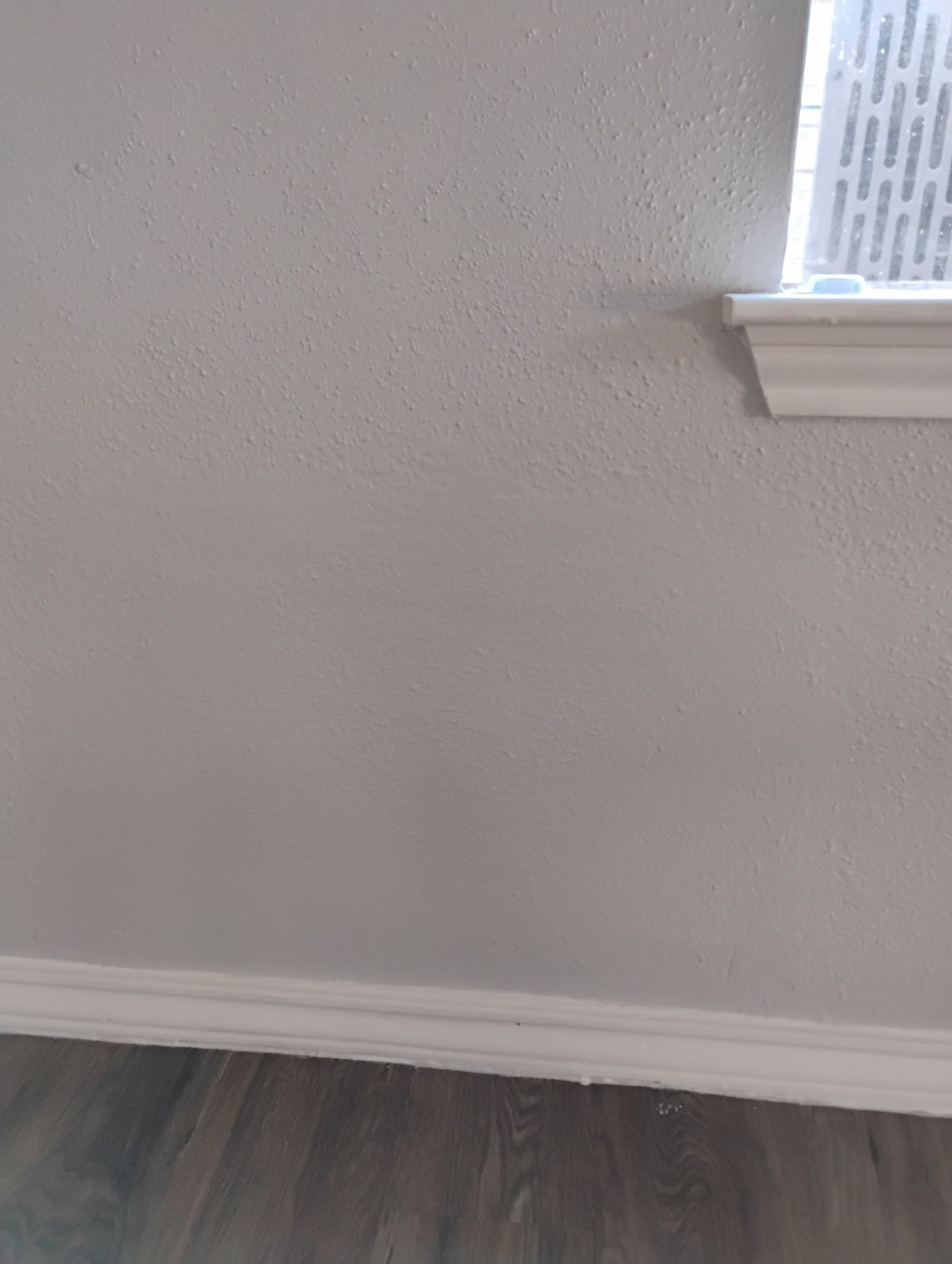 Gray wall with textured surface, white trim, and a glimpse of a window. Dark wood flooring.