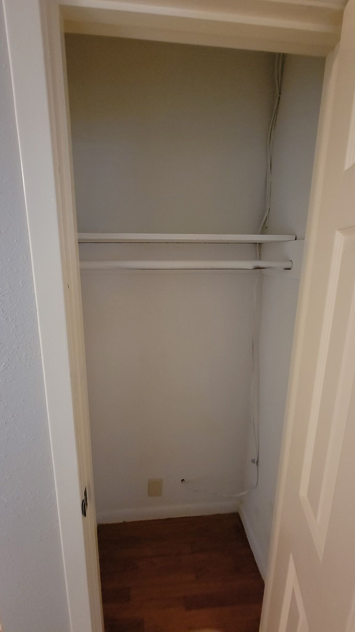 Empty white closet with a rod and shelf, open door, wood floor.