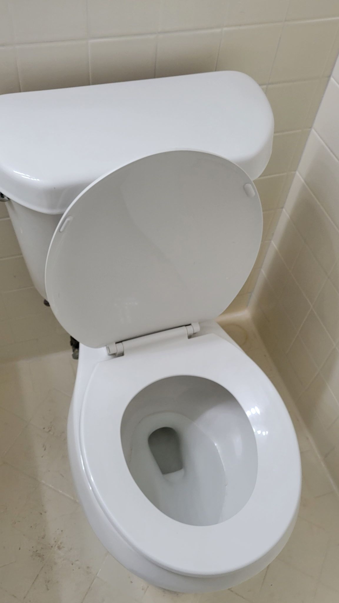 White toilet with the lid and seat up, in a tiled bathroom.