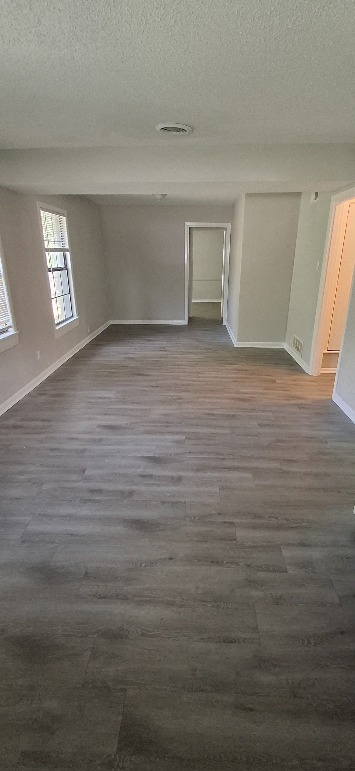 Empty living room with gray walls and wood-look flooring. A doorway leads to another room.