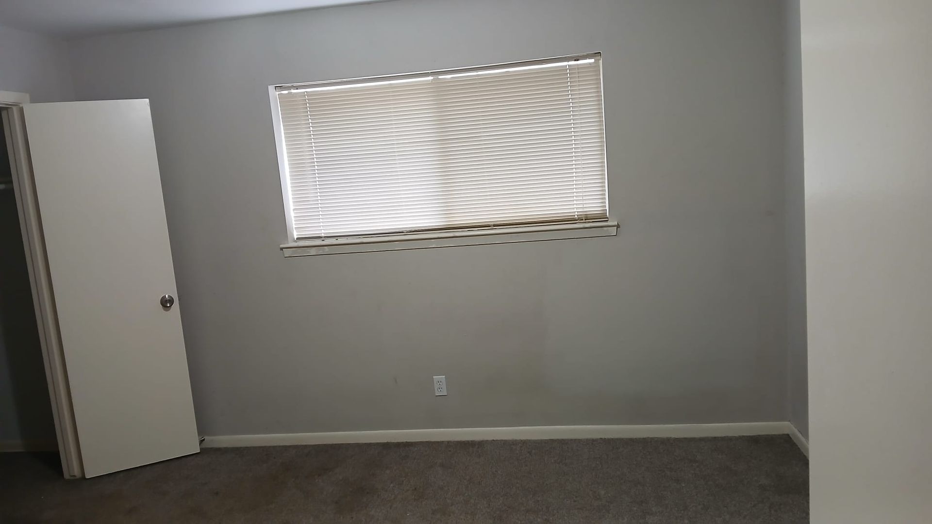 Empty room with gray walls, a window with blinds, a closed white door, and carpet.