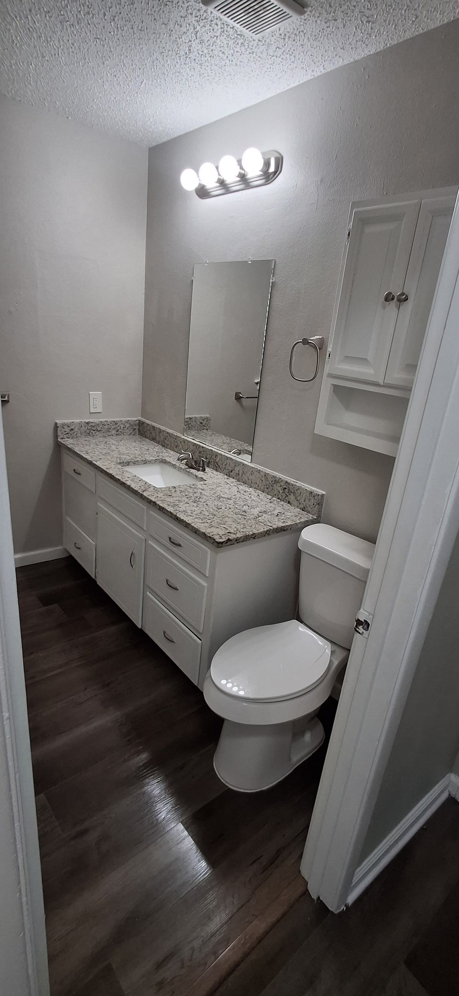 Bathroom with white vanity, toilet, and mirror, gray walls, and dark wood floor.