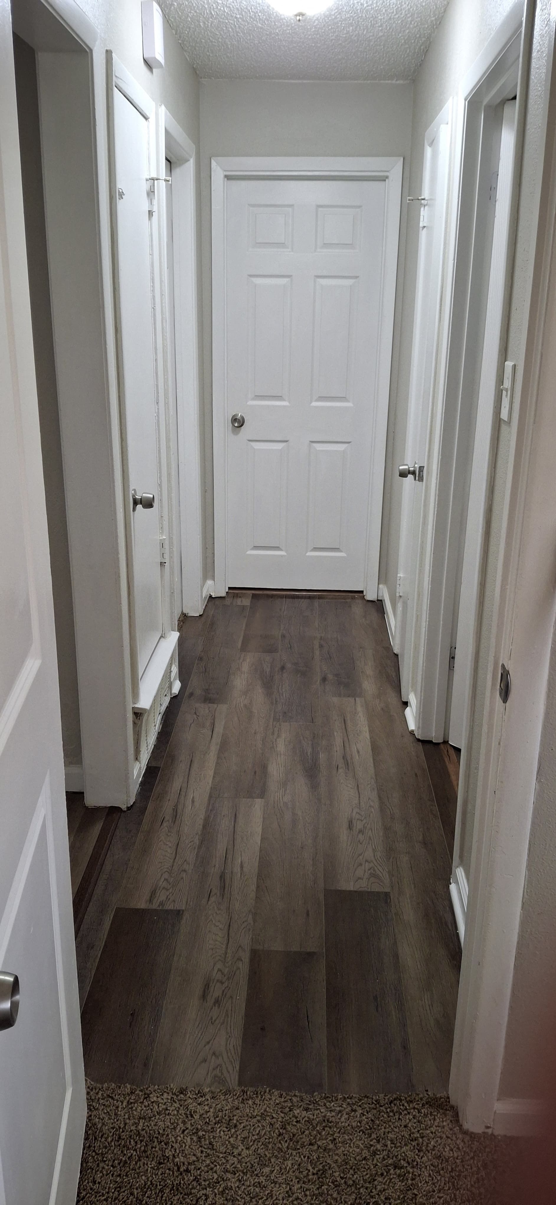 Hallway with brown wood-look flooring and white doors leading to rooms.