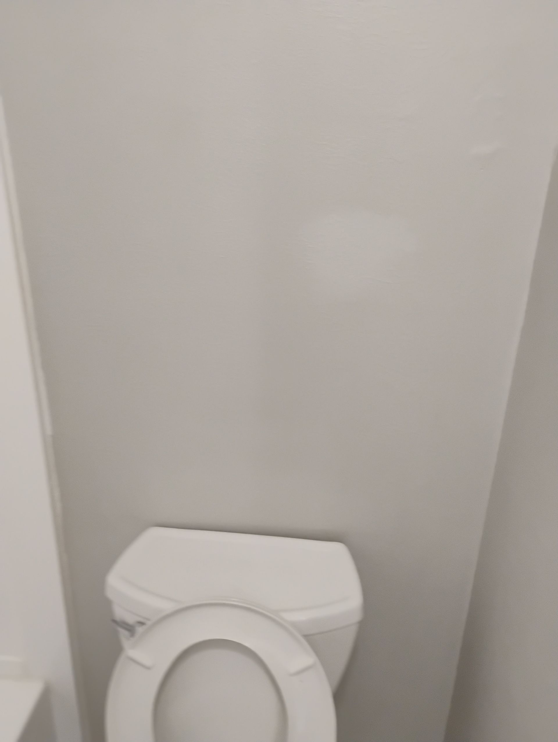 Toilet against a gray wall. The toilet seat is up.