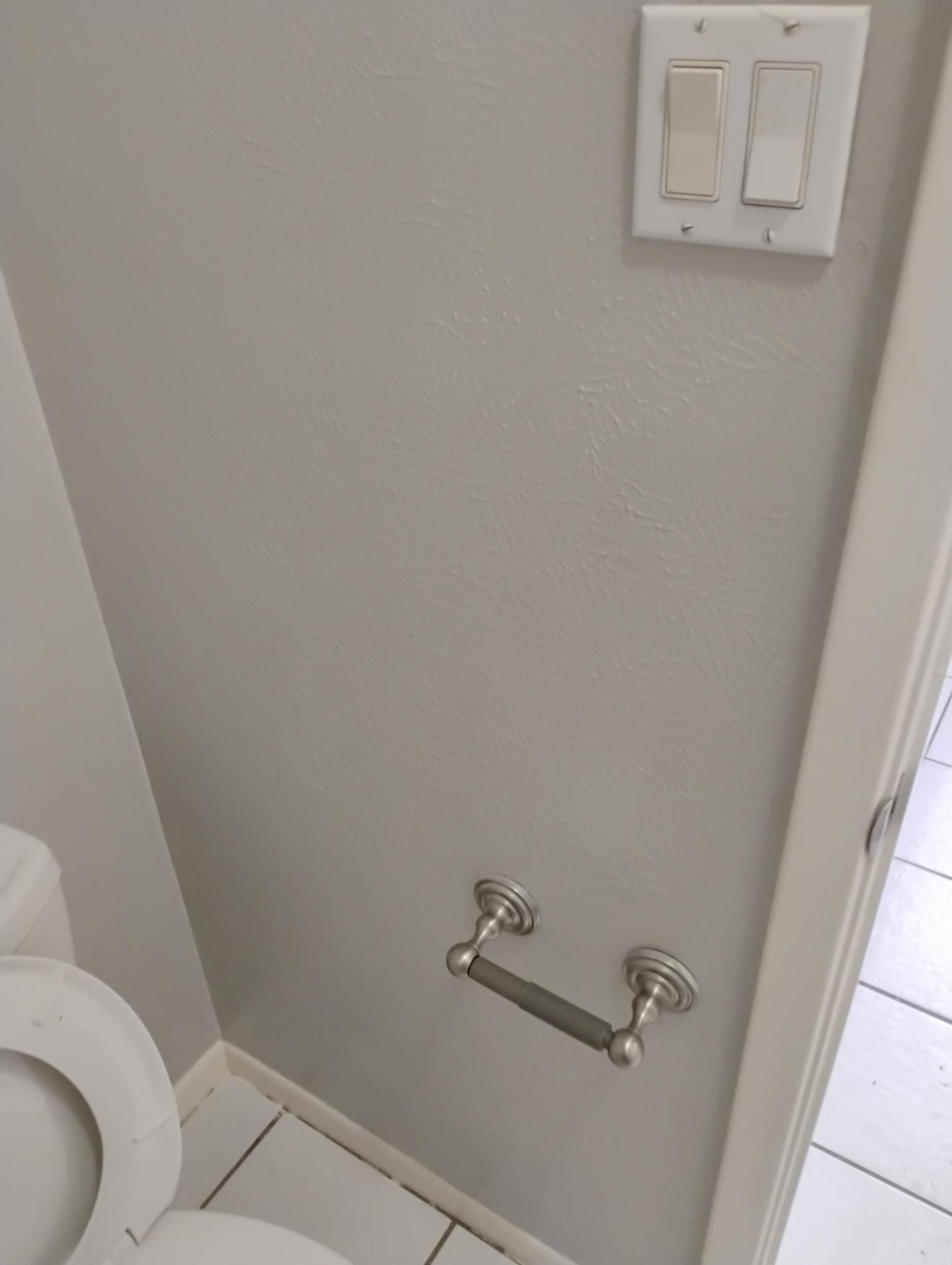 Toilet paper holder on a gray bathroom wall, near a toilet and light switches.