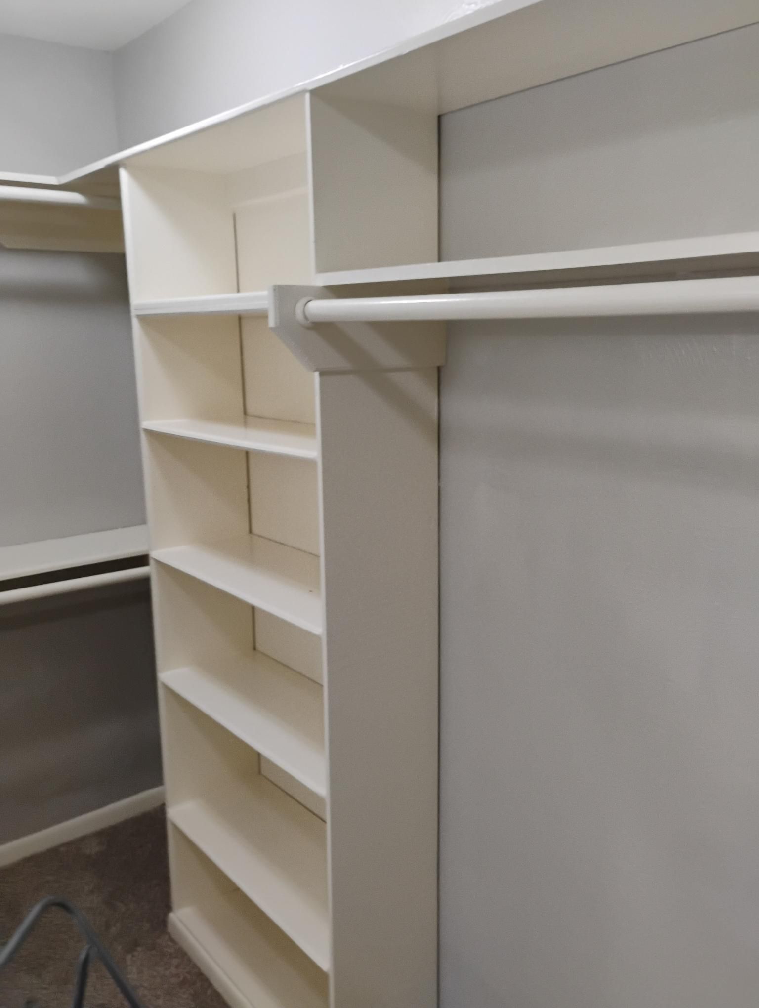 White built-in closet with shelves and clothing rod.  Light gray walls and carpet.