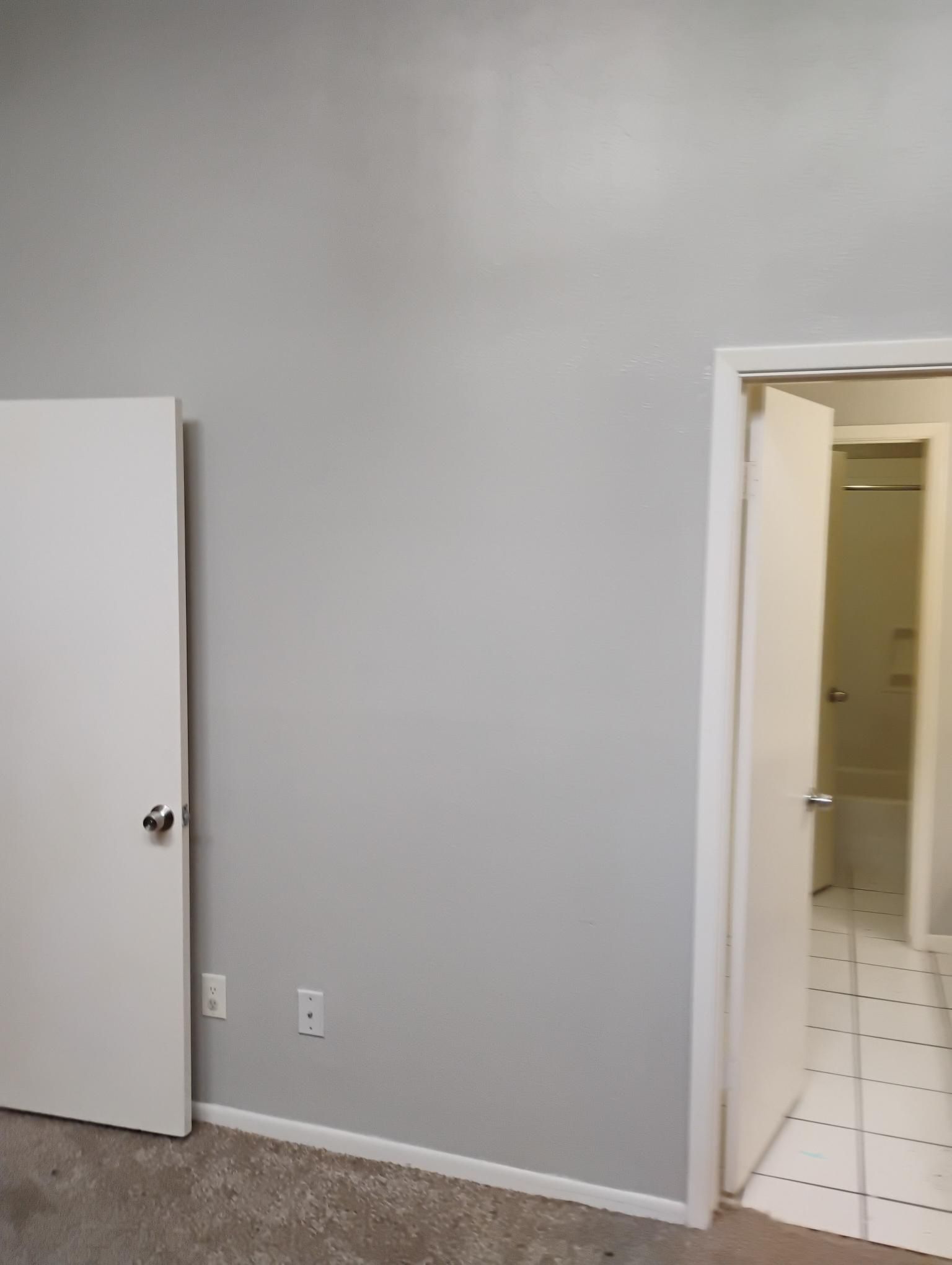 Gray painted walls with a closed white door on the left and a half-open doorway to a bathroom on the right.