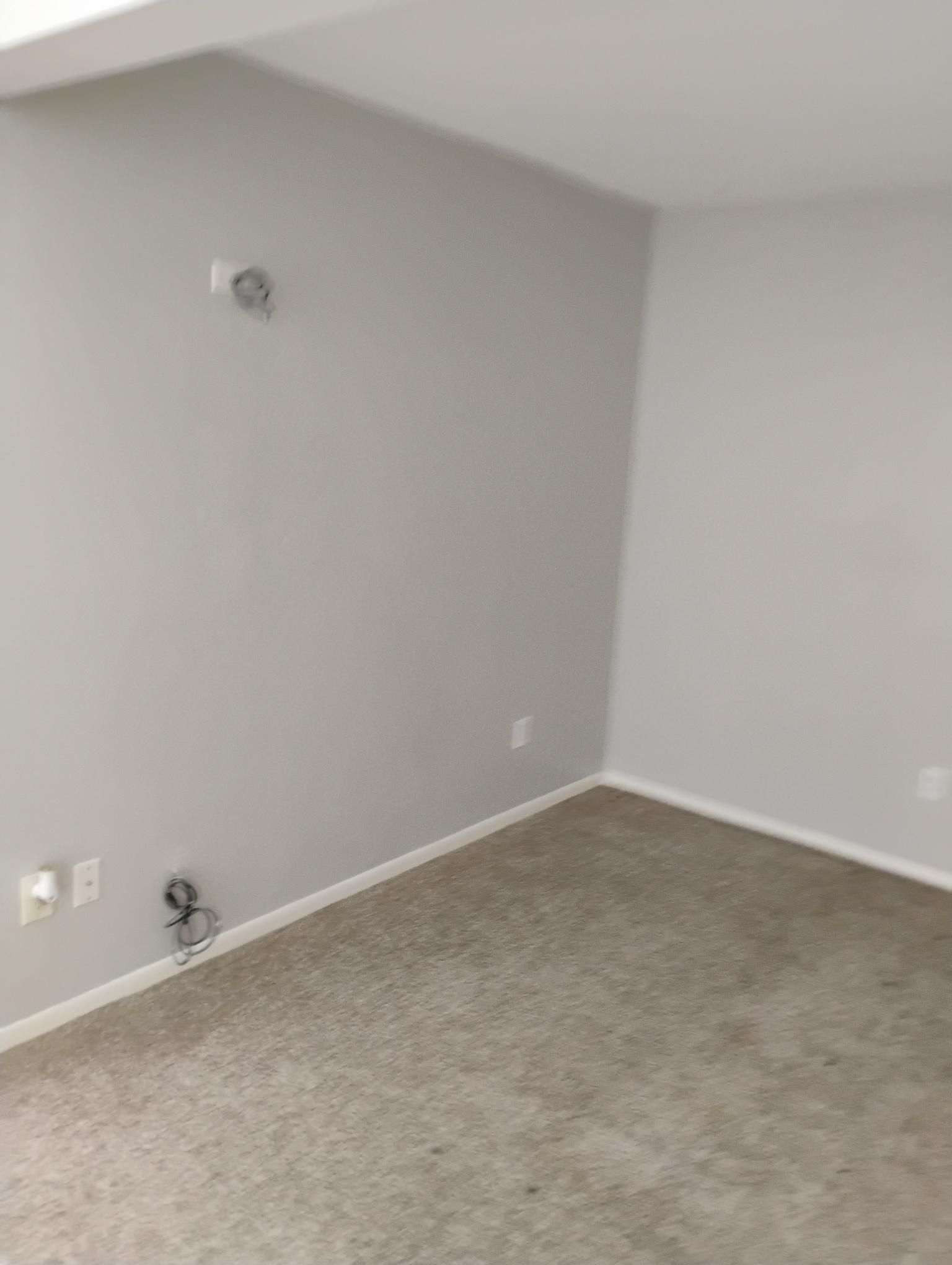 Empty room with beige carpet, light gray walls, and electrical outlets.