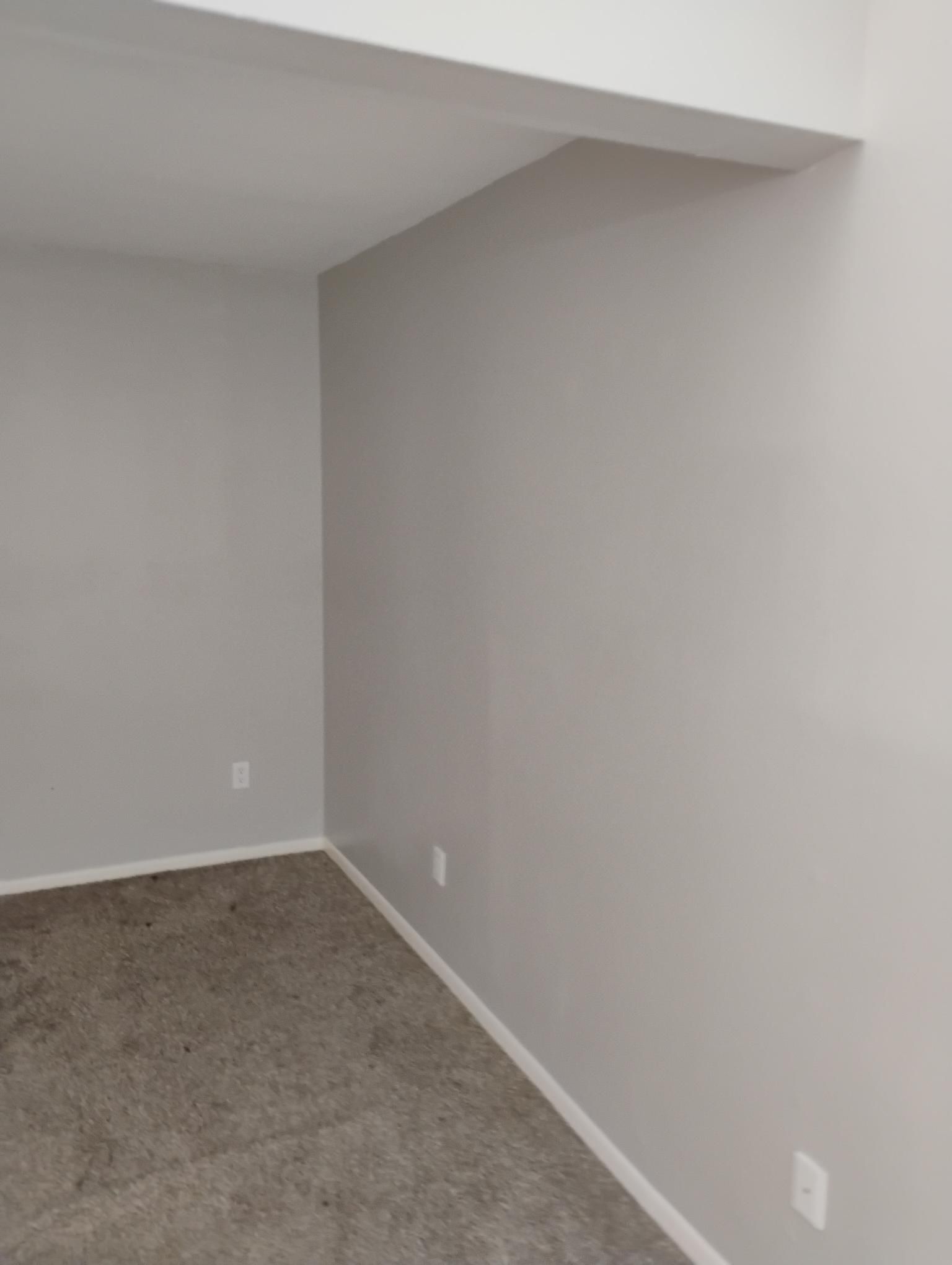 Empty room with gray walls, white trim, and carpet. An electrical outlet is visible.