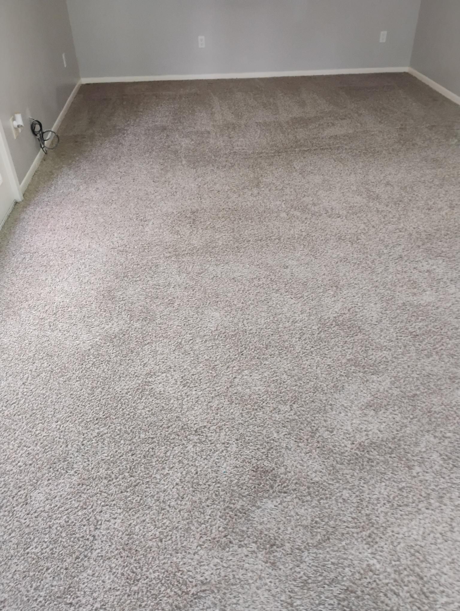 A room with light brown carpet and gray walls.
