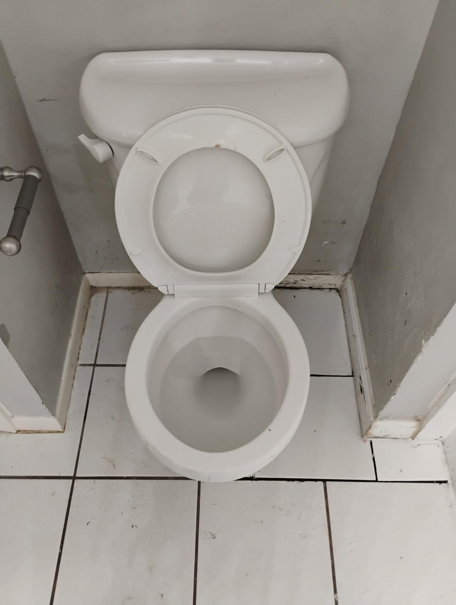 White toilet with the seat up, against a gray wall and white tiled floor.