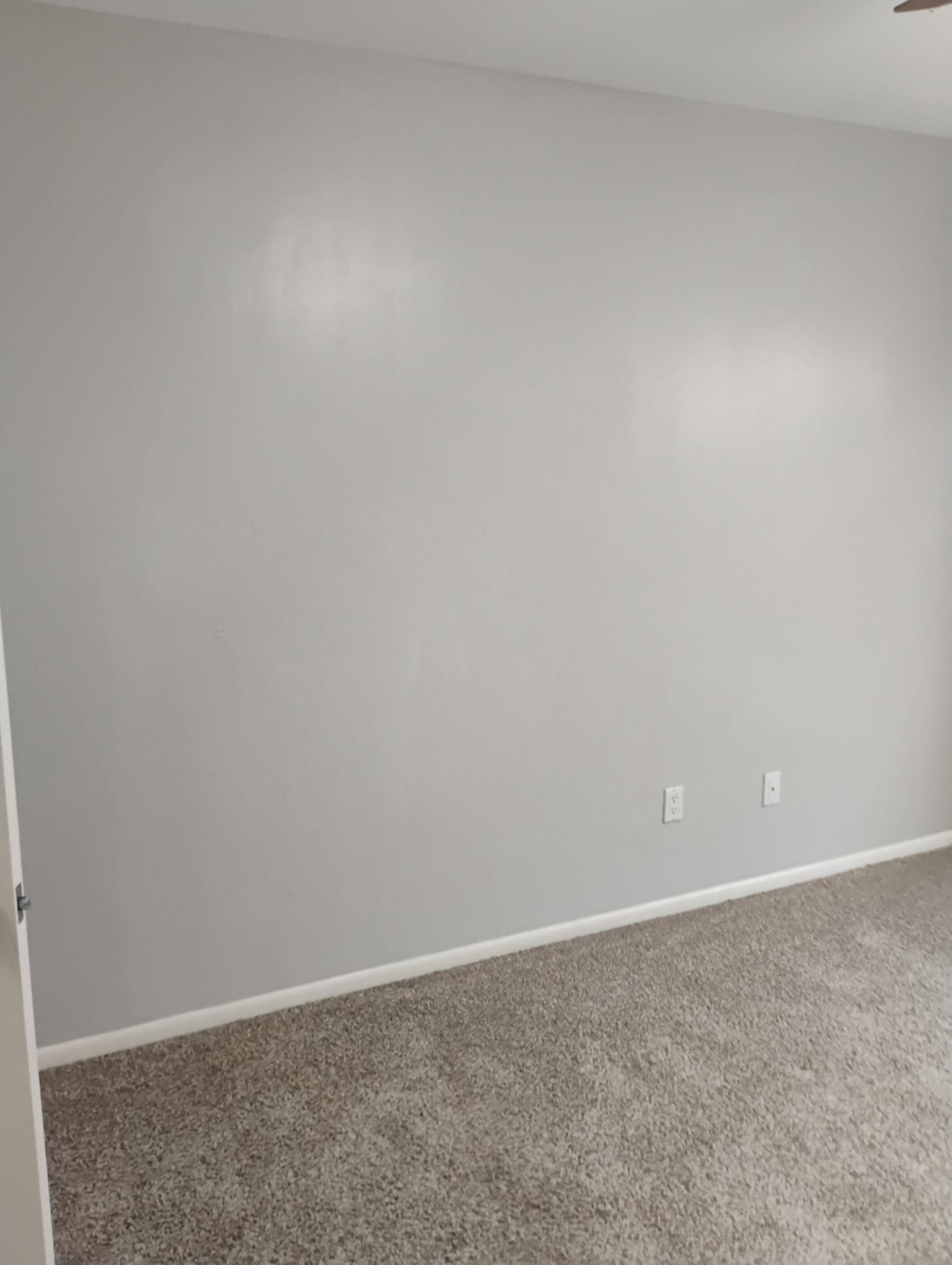 Gray painted wall in a room, with white trim and carpet floor. Two electrical outlets near the floor.