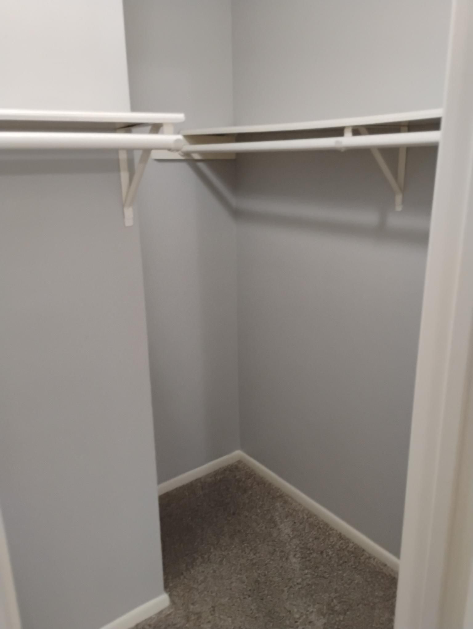 Empty closet with light gray walls, white shelves, and carpeted floor.