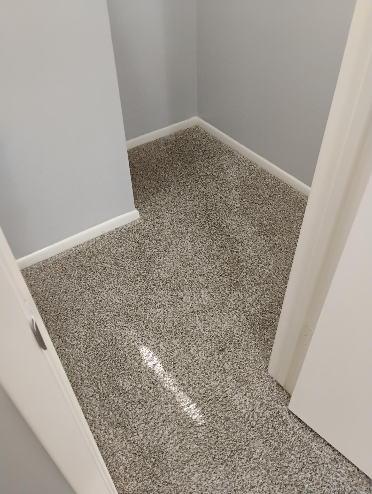 Small room with gray carpet and walls, white trim and doorway.