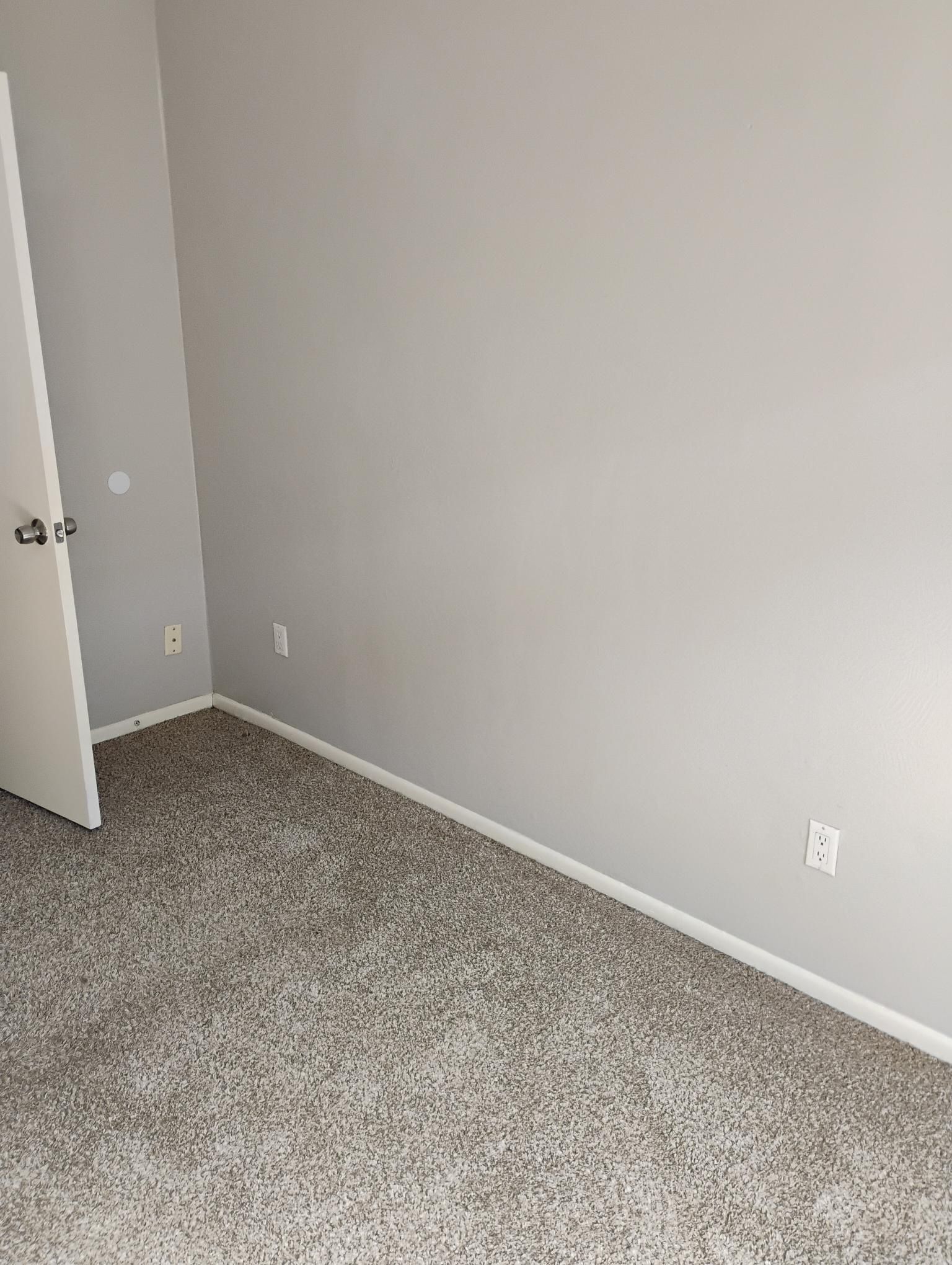Empty room with gray walls and carpet, a white door slightly open.