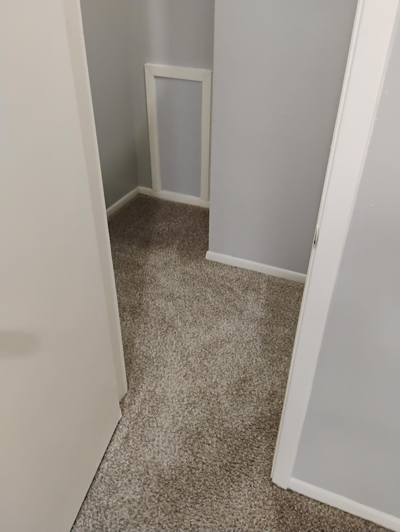 Narrow hallway with gray carpet and walls, white trim and doorway.