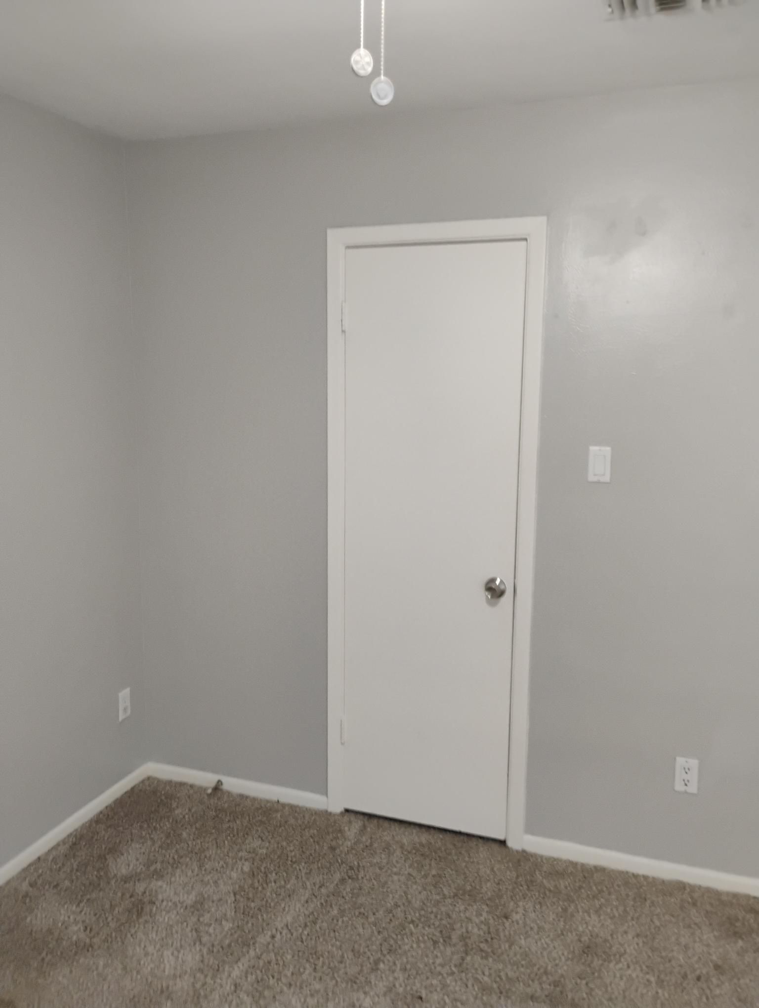 Empty bedroom with gray walls, white door, and neutral-colored carpet.