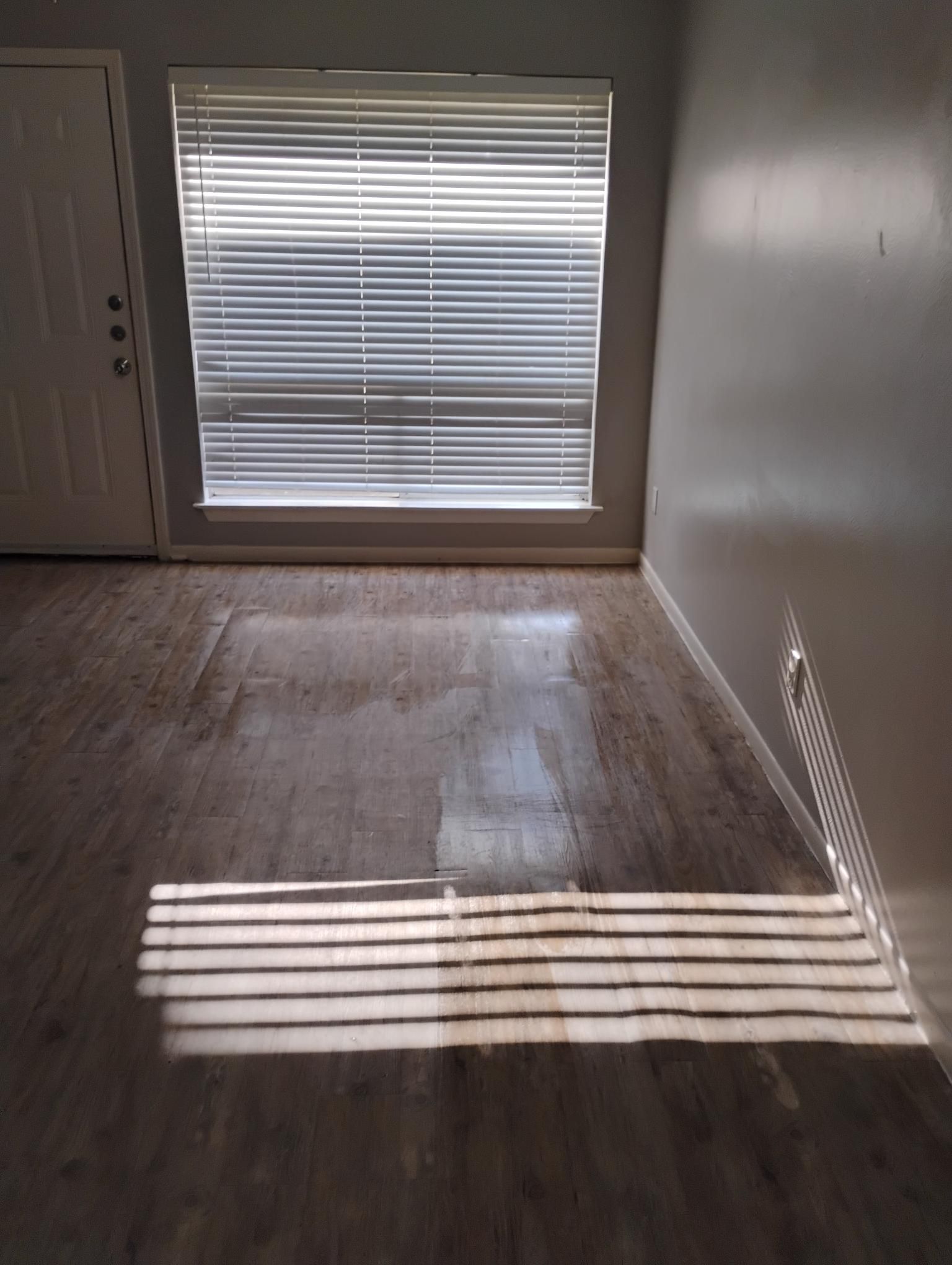 Sunlight streams through blinds onto a room's wood-look floor. A window, door, and wall are visible.