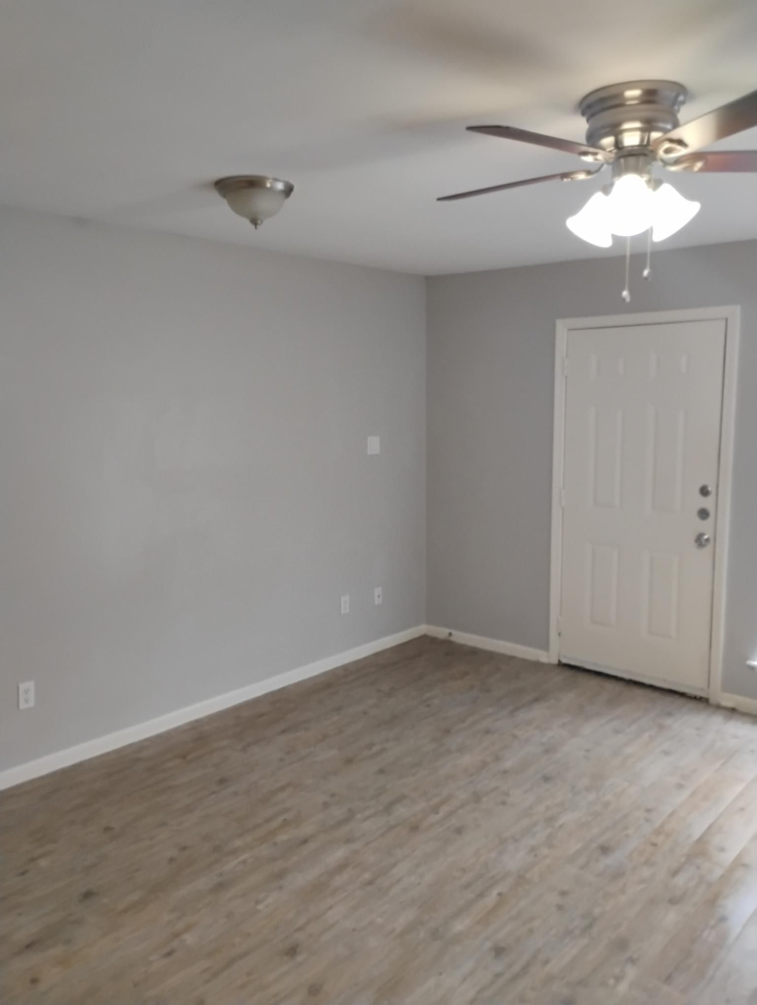 Gray-walled room with a white door, ceiling fan, and light-colored wood-look flooring.