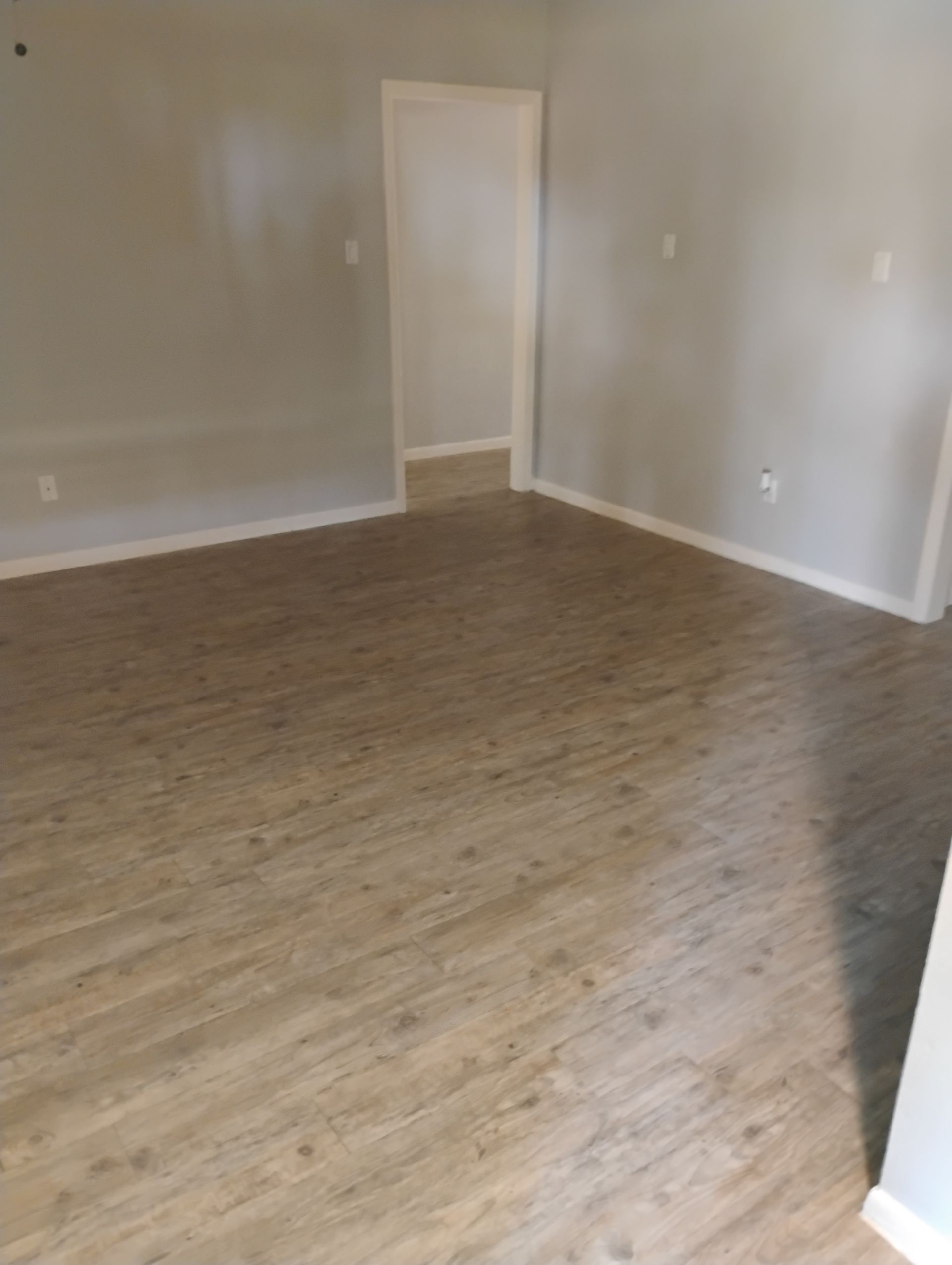 Empty room with light wood-look flooring, pale gray walls, white trim, and a doorway.