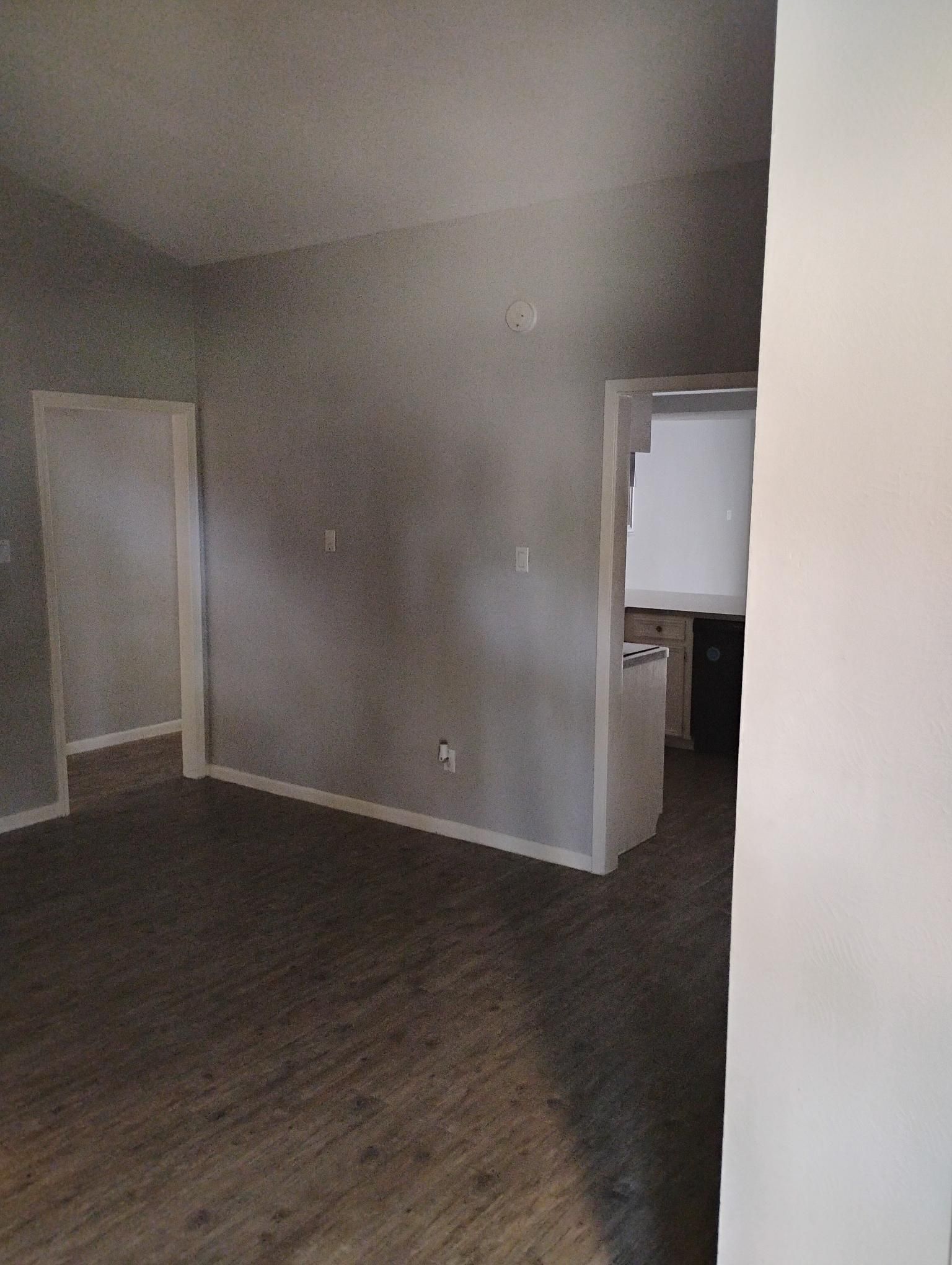 Interior view of a room with gray walls, wood-look flooring, and doorways leading to other rooms.