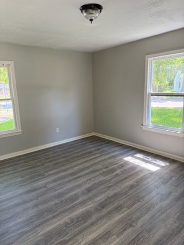 Empty room with gray walls and flooring, two windows, and a ceiling light.