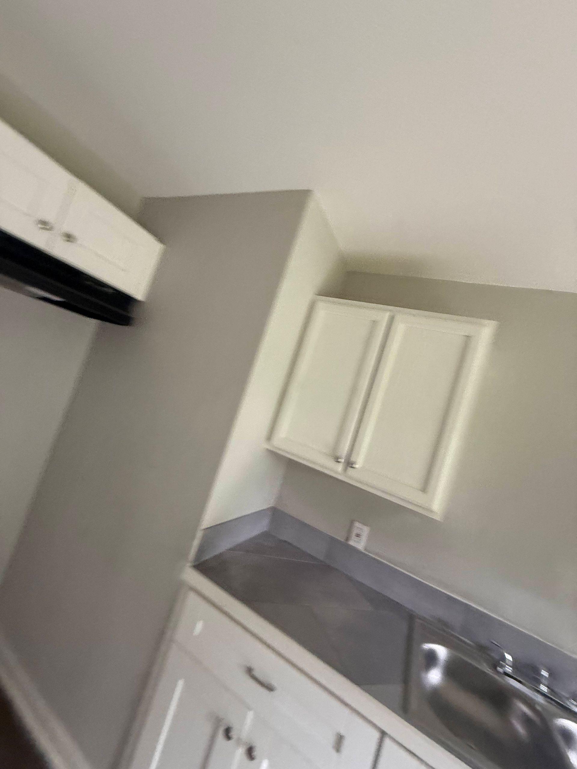 Kitchen with white cabinets, stainless steel sink, and light gray walls.