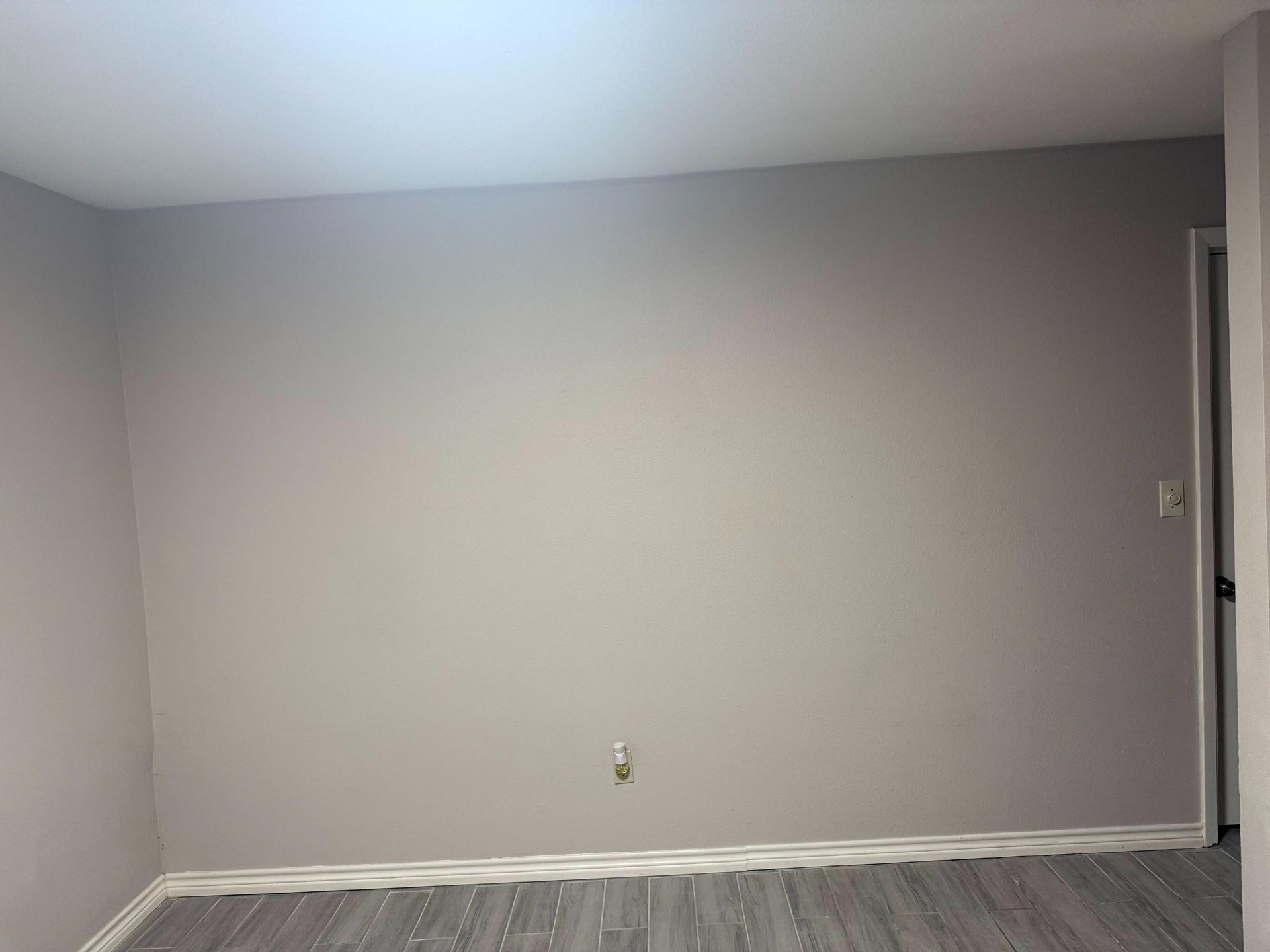 Empty room with gray walls and flooring, white trim, and a closed door.