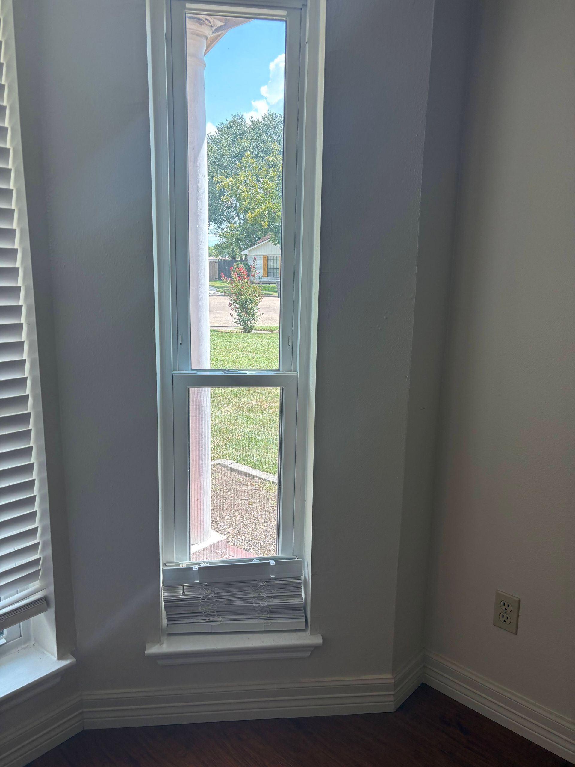 Tall, narrow window with white frame, view to outdoors with trees and blue sky.