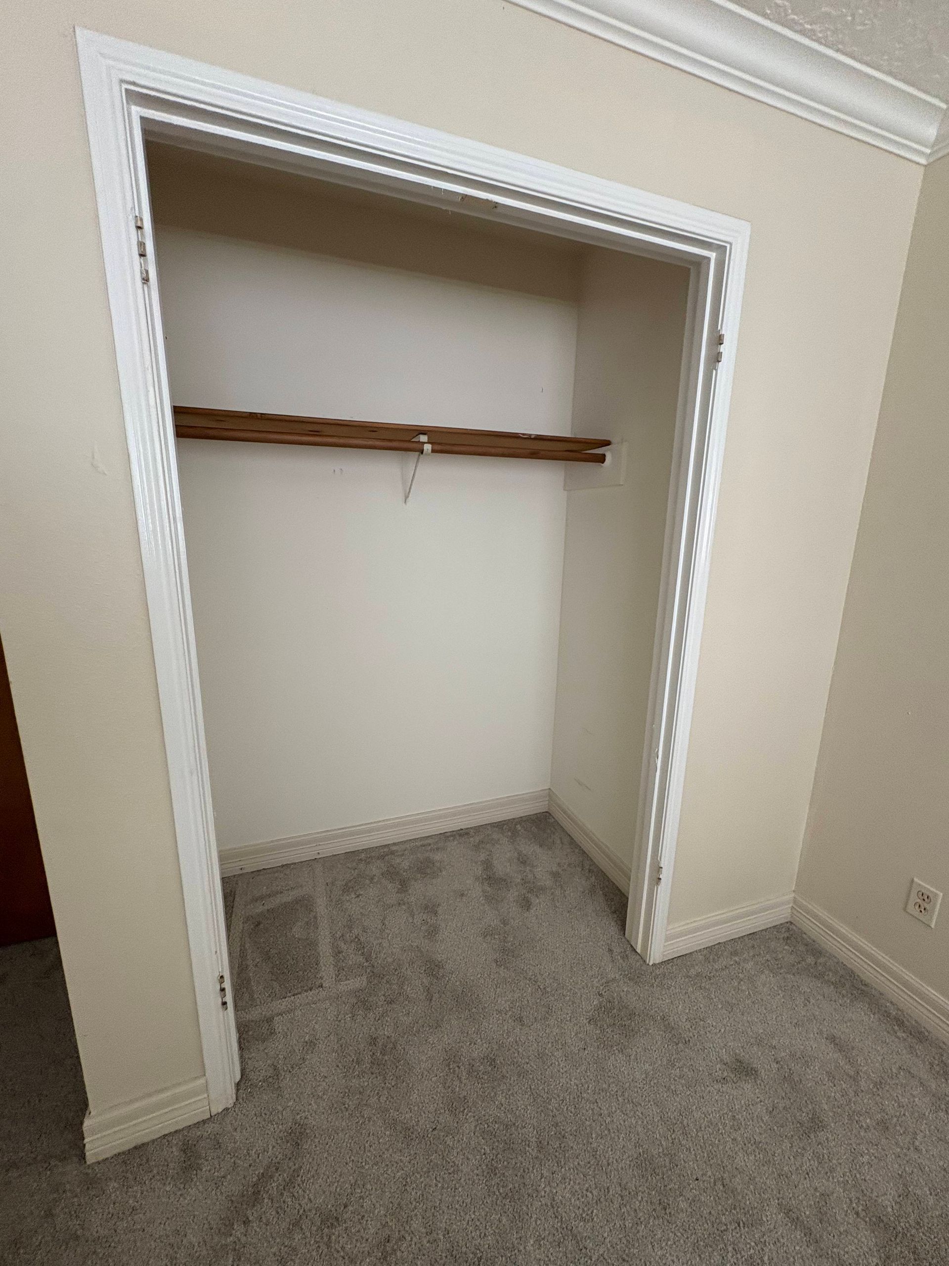 Empty closet with a wooden shelf and a hanger, beige walls and carpet.