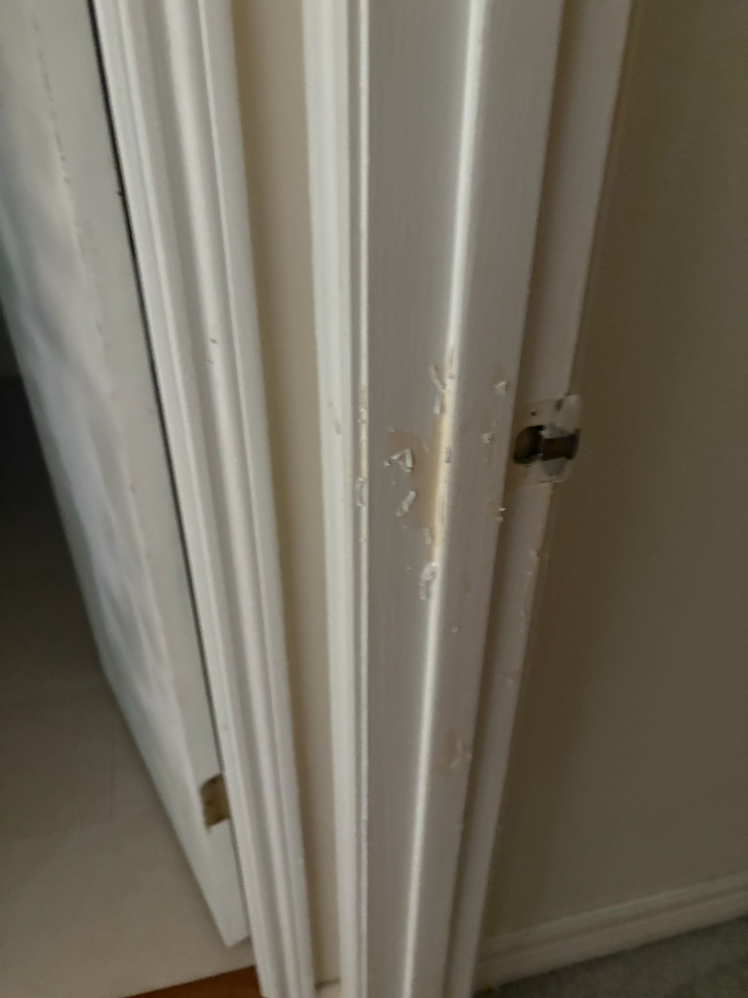 White door frame with chipped paint, near a white door and wall.