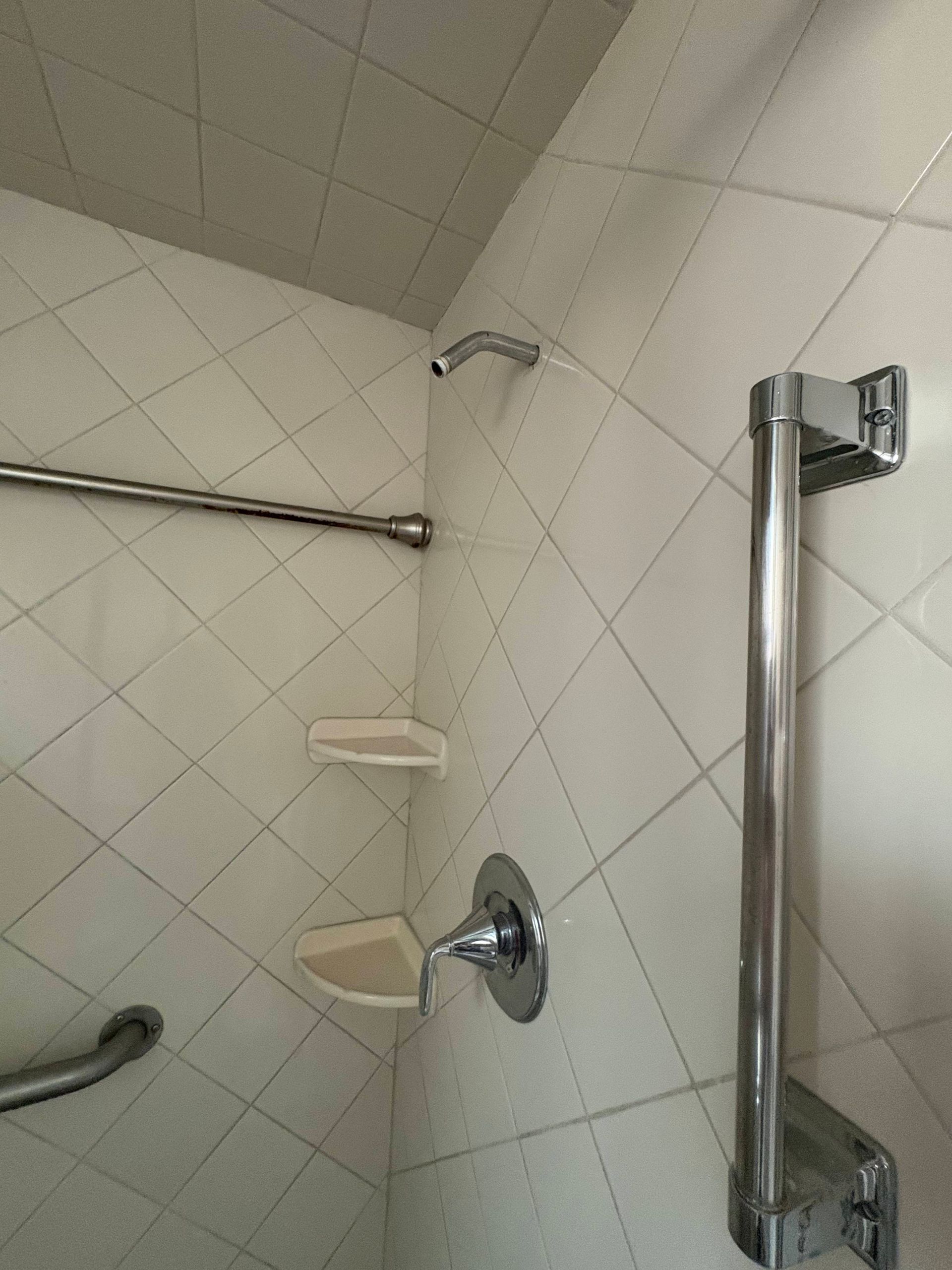 Bathroom shower with chrome fixtures on white tiled walls. Soap dishes and a grab bar are visible.