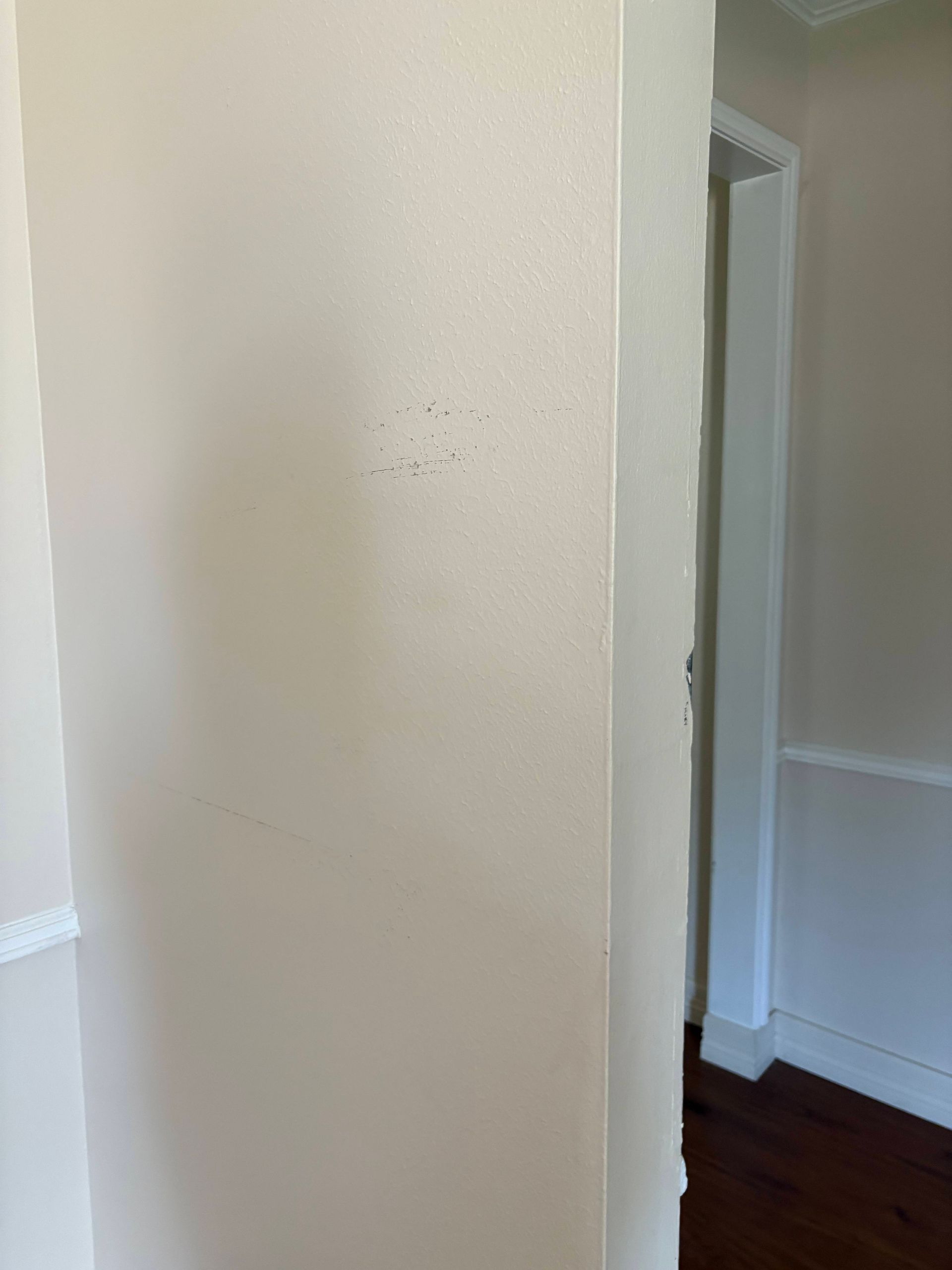 Beige wall with small dark specks, beside a doorway with white trim and dark wood floor.