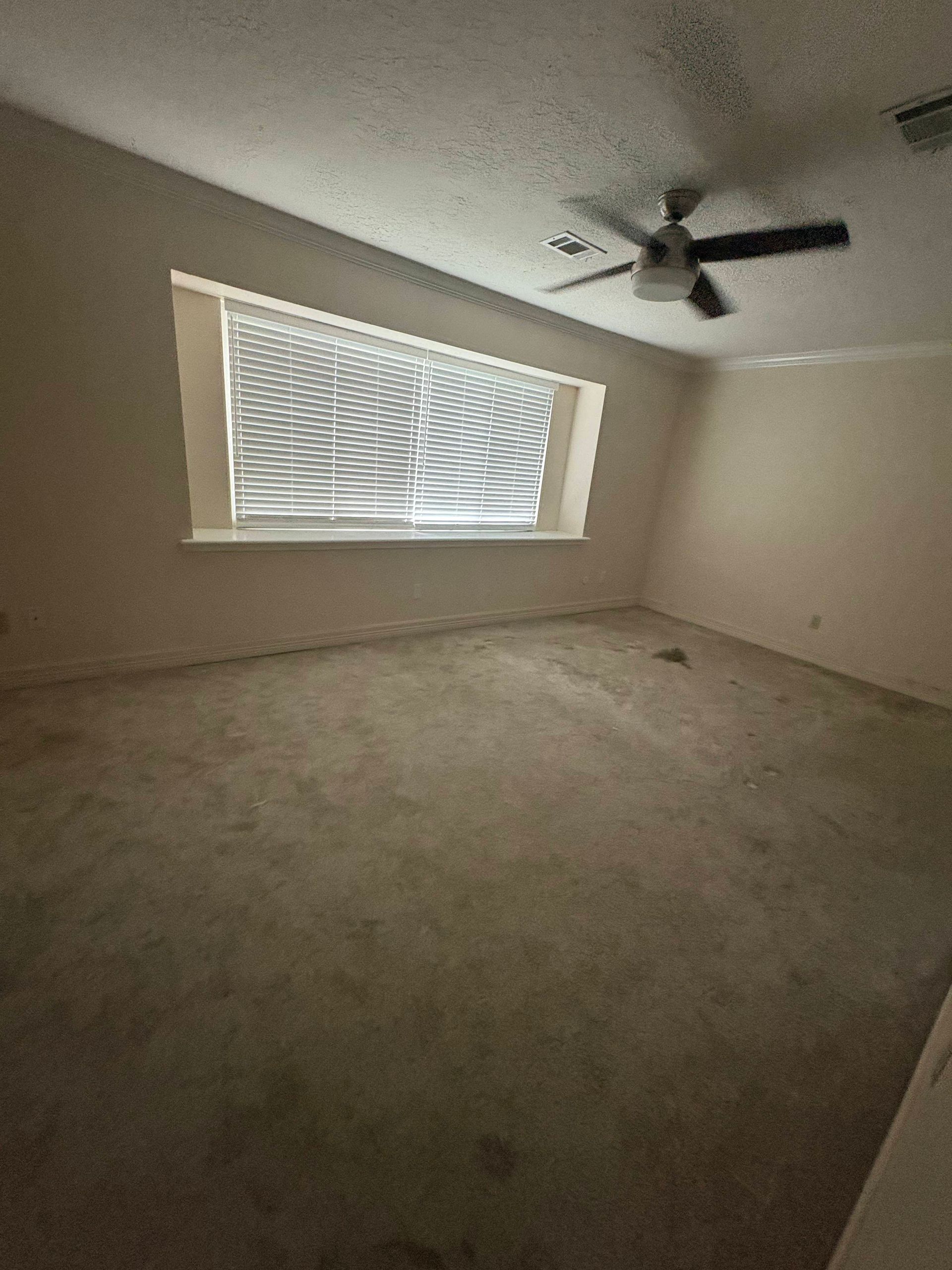 Empty room with dirty carpet, a window with blinds, and a ceiling fan.