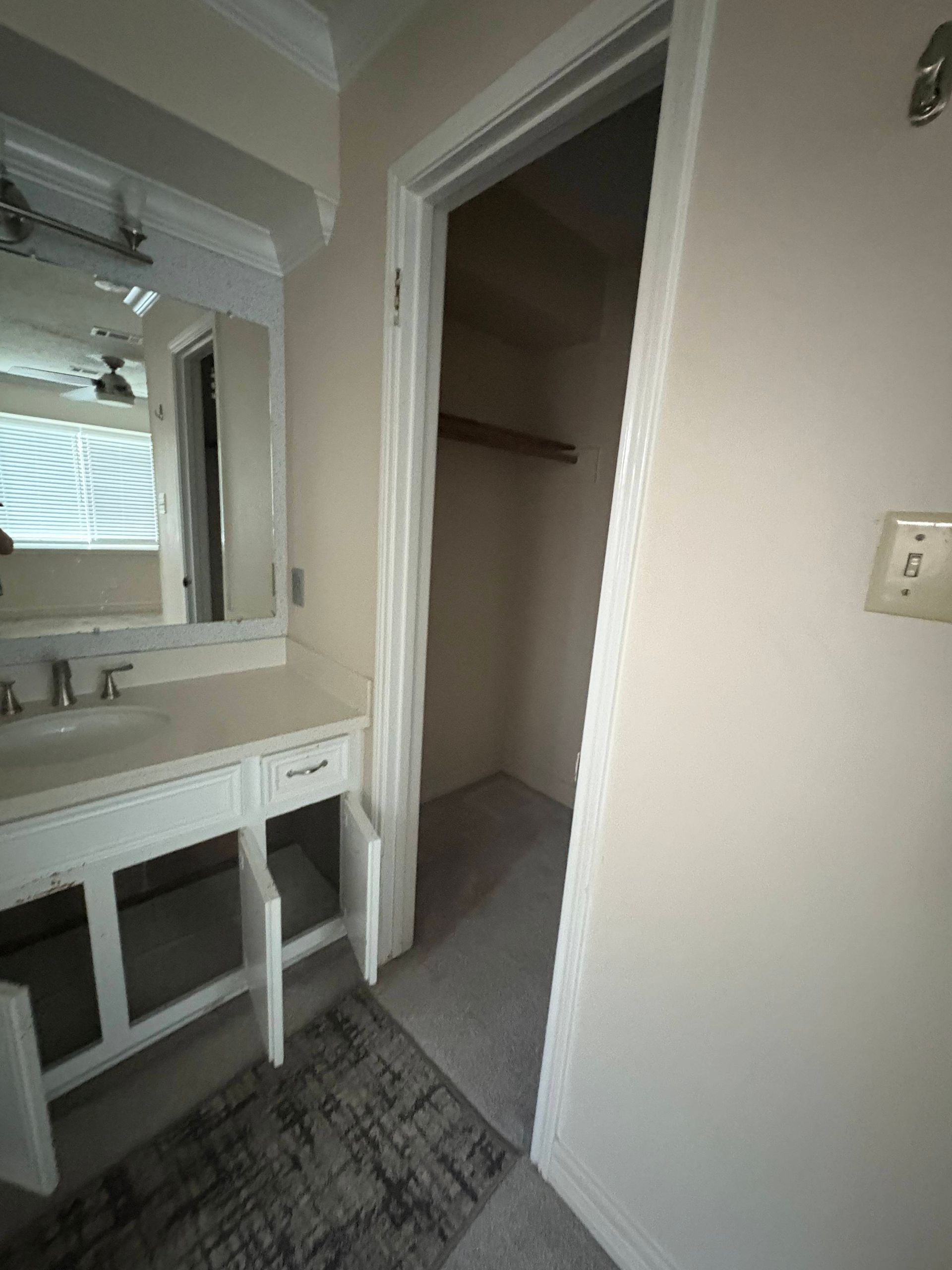 Bathroom with vanity and open closet. Beige walls, white vanity, dark rug, light gray floor.