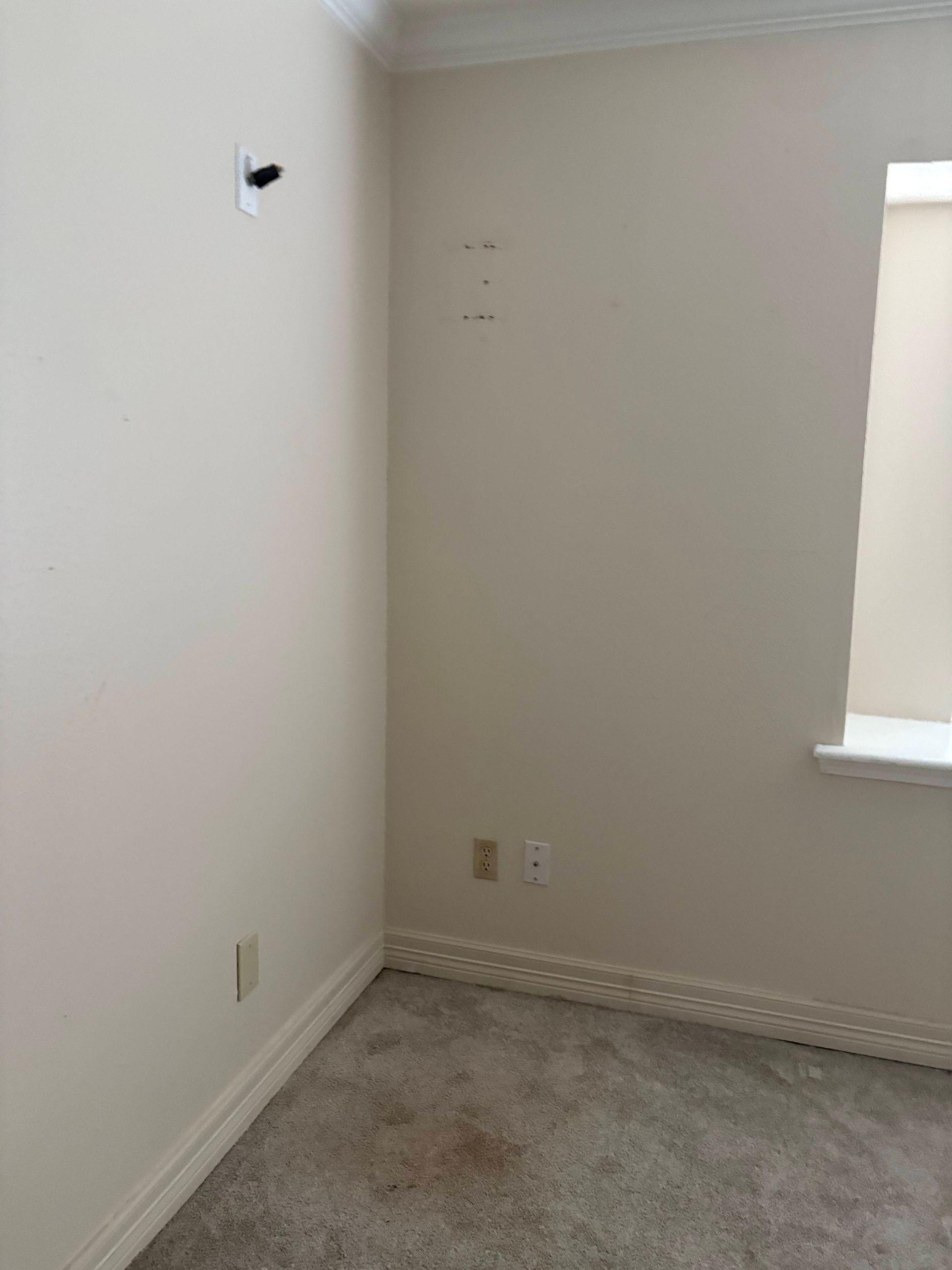 Empty room with cream-colored walls, carpet, and window. Electrical outlets and a wall fixture are visible.