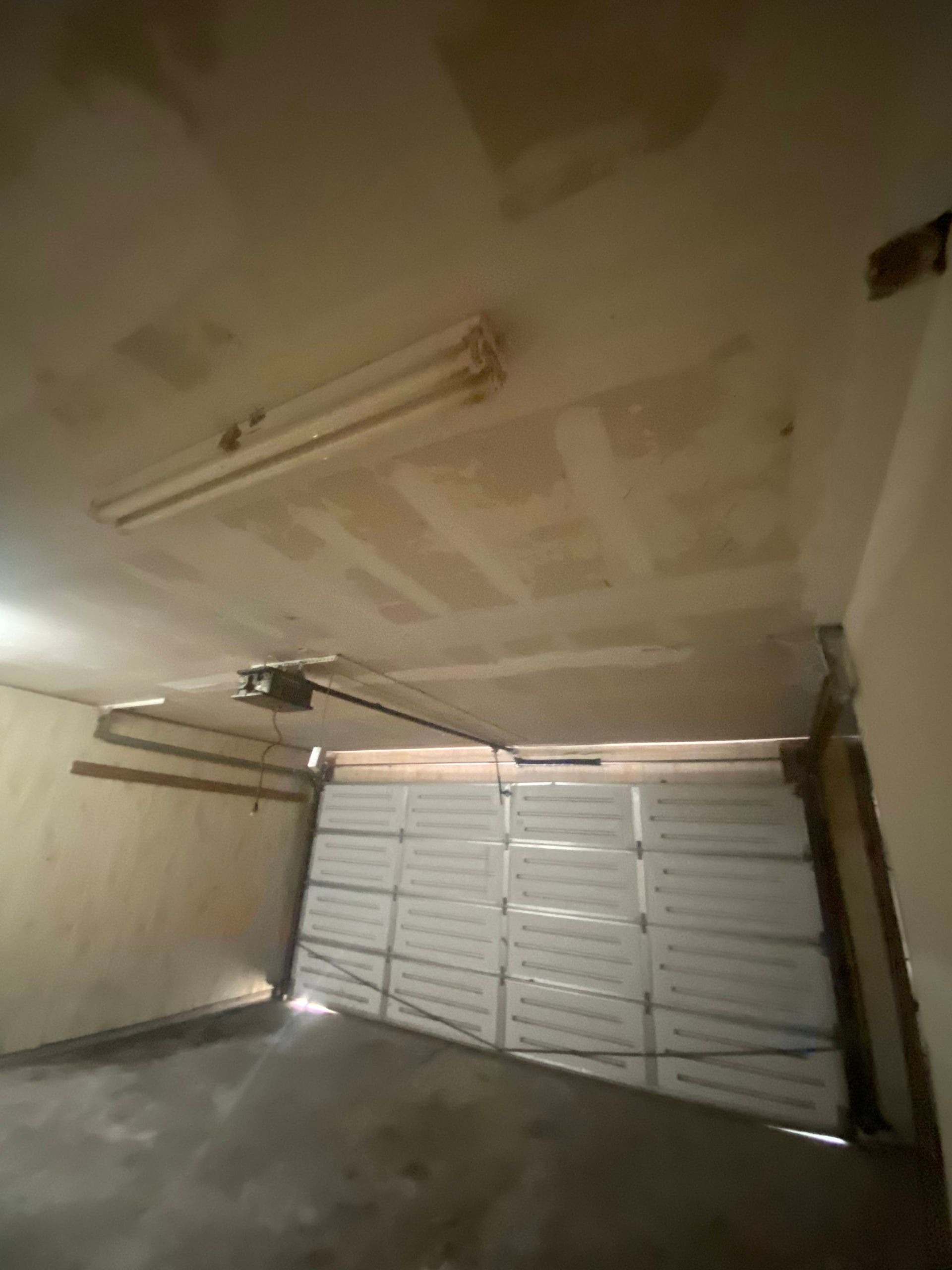 Garage interior with open white garage door, overhead fluorescent lights, and exposed ceiling.