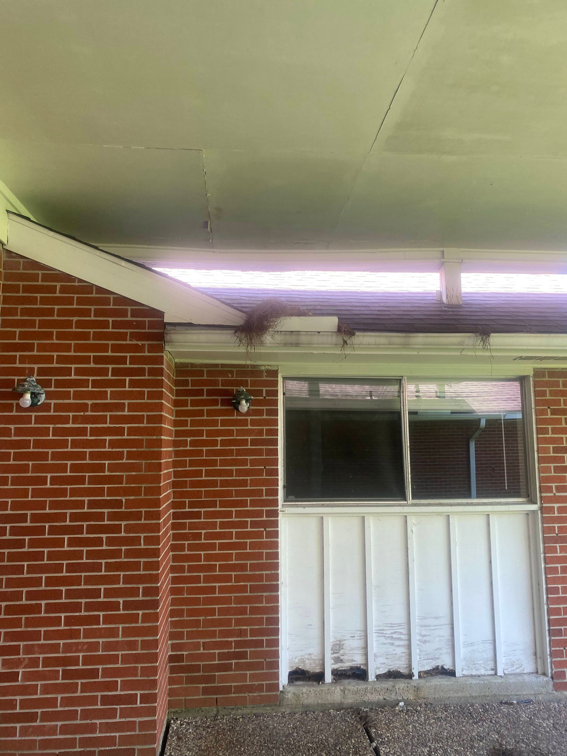 Red brick wall, white panel door, window, and damaged ceiling under an overhang.