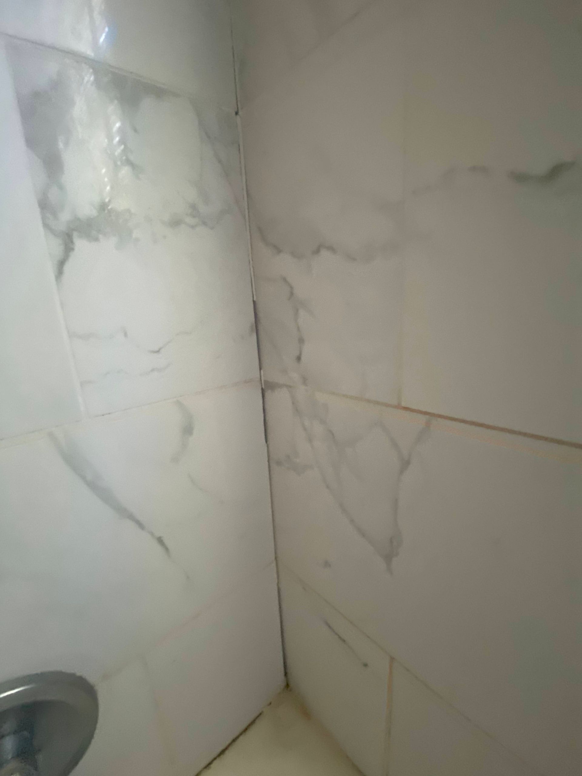 Corner of a tiled shower with marble-like pattern. Dark grout visible. Soap dispenser in the corner.