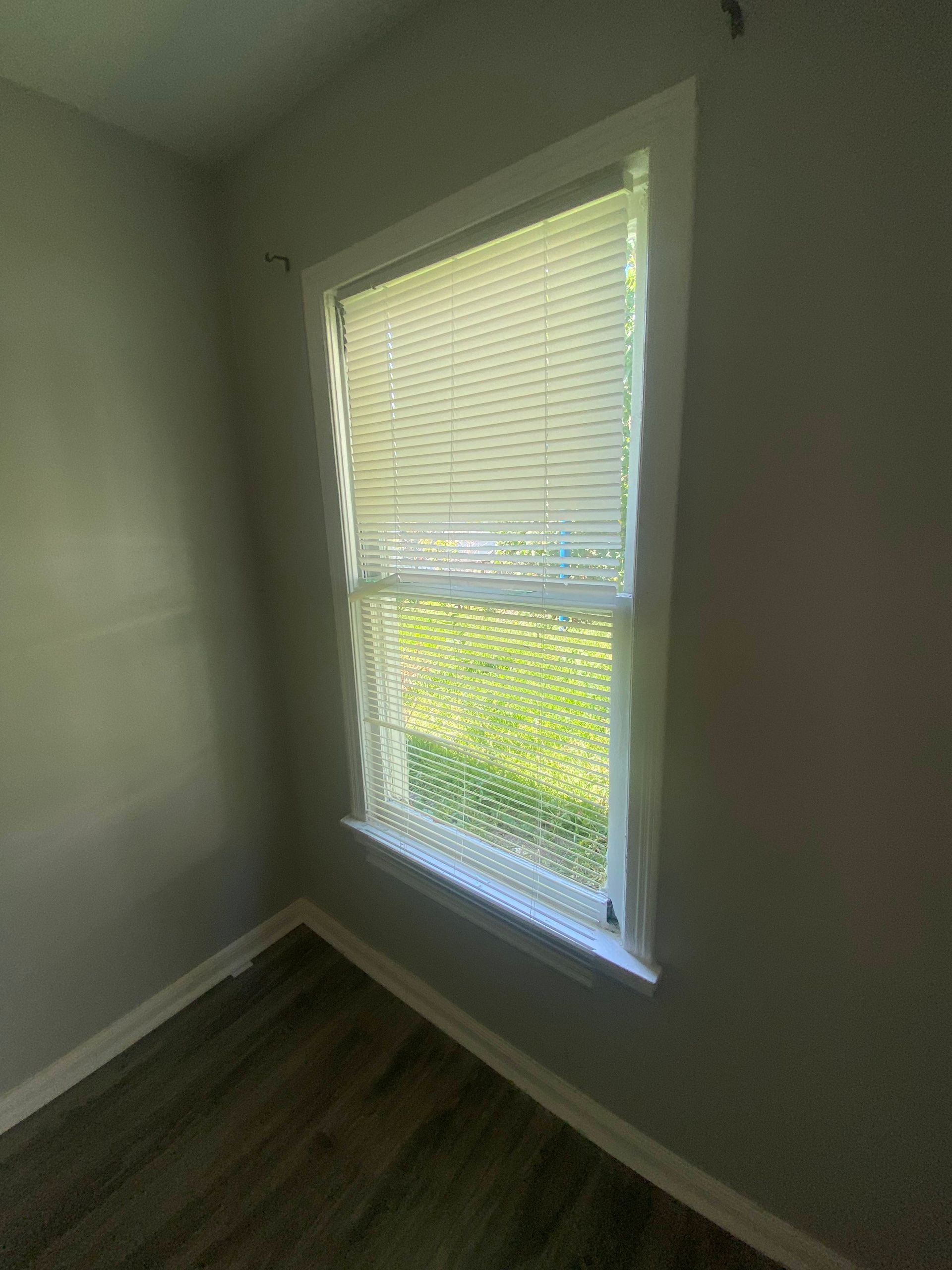 Window with white trim and blinds in a corner of a room with gray walls and a view of grass.