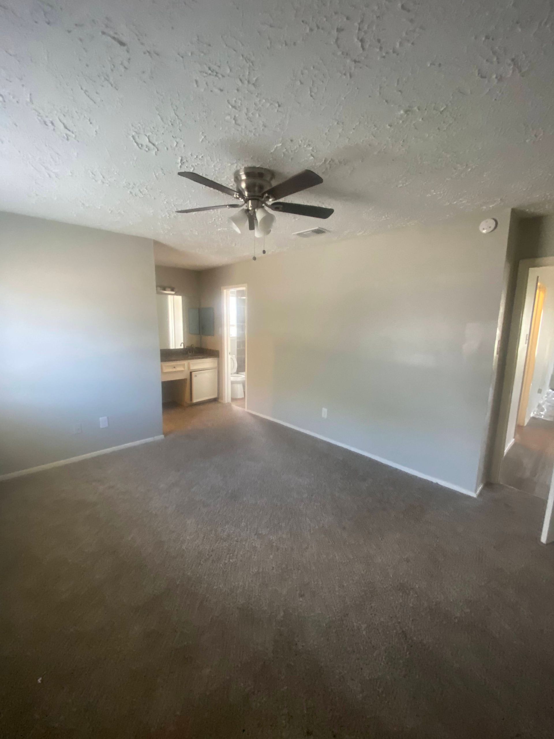 Empty room with brown carpet, gray walls, ceiling fan, and doorway to bathroom.