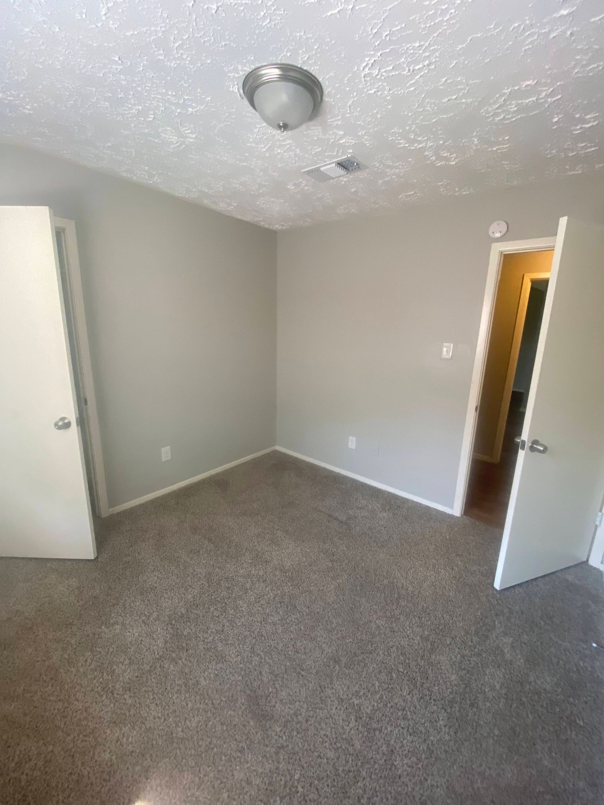 Empty bedroom with gray walls, carpet, and two white doors.
