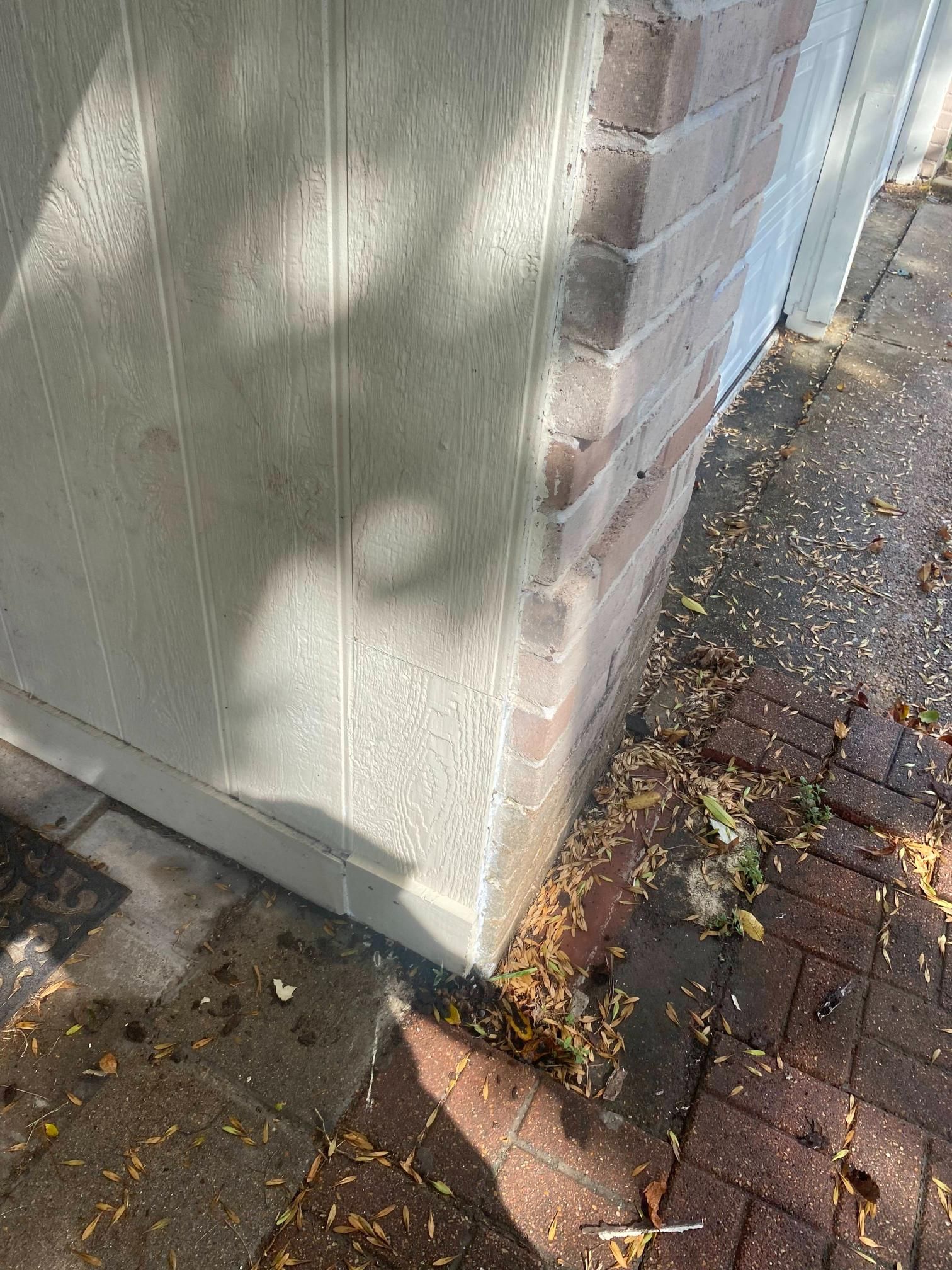 Corner of a building with beige siding and brickwork, wet with leaves on the ground.