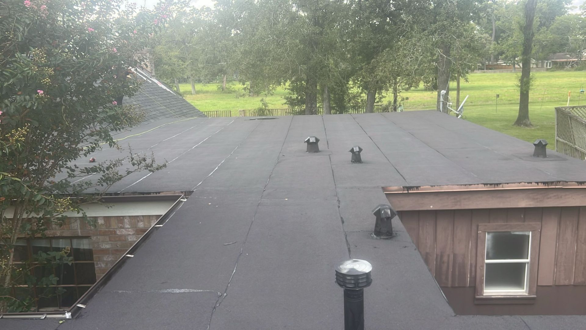 A flat, black roof with several vents, viewed from above, with trees and a house in the background.