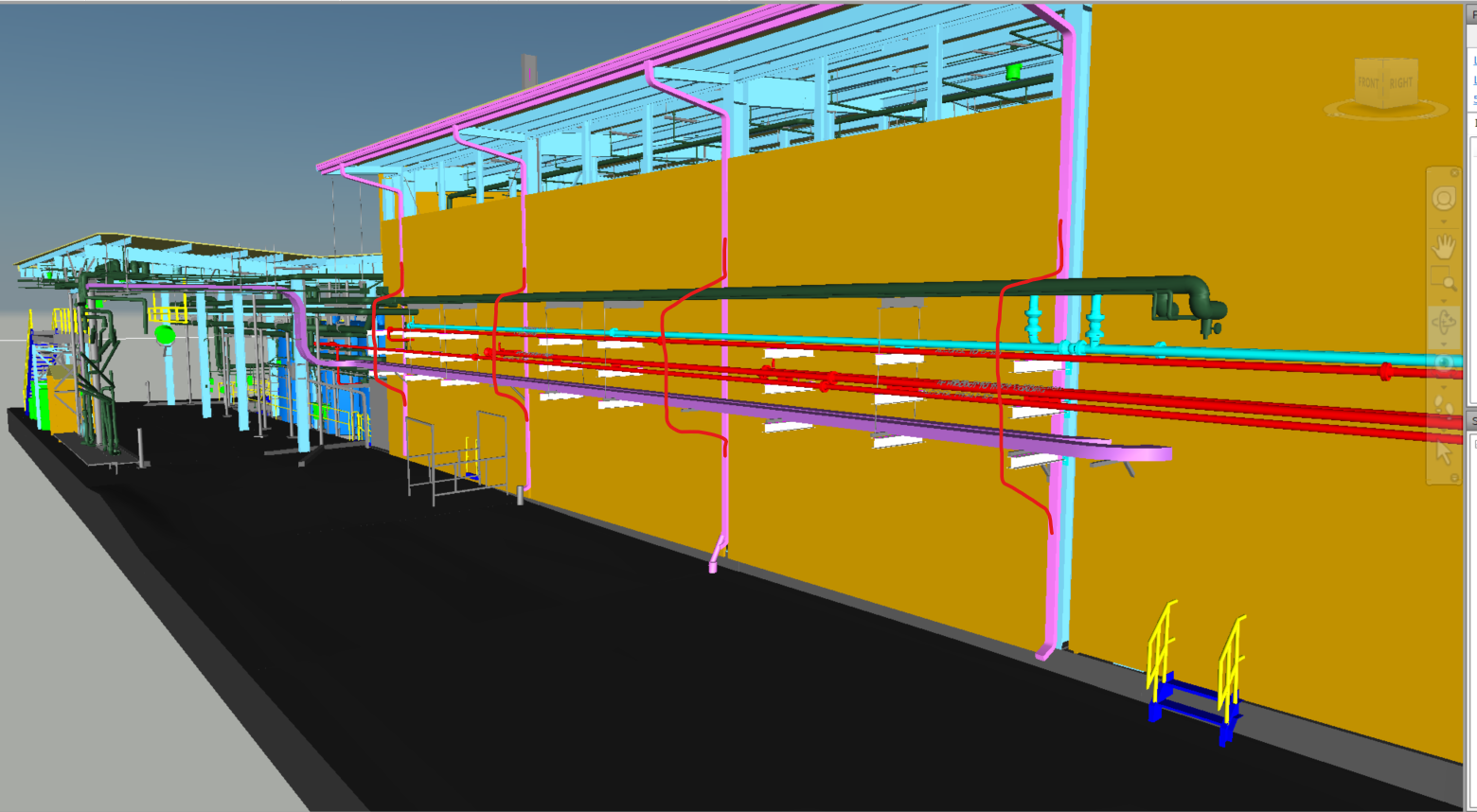 3D architectural rendering of a yellow building with colorful pipes and structures along an asphalt road.